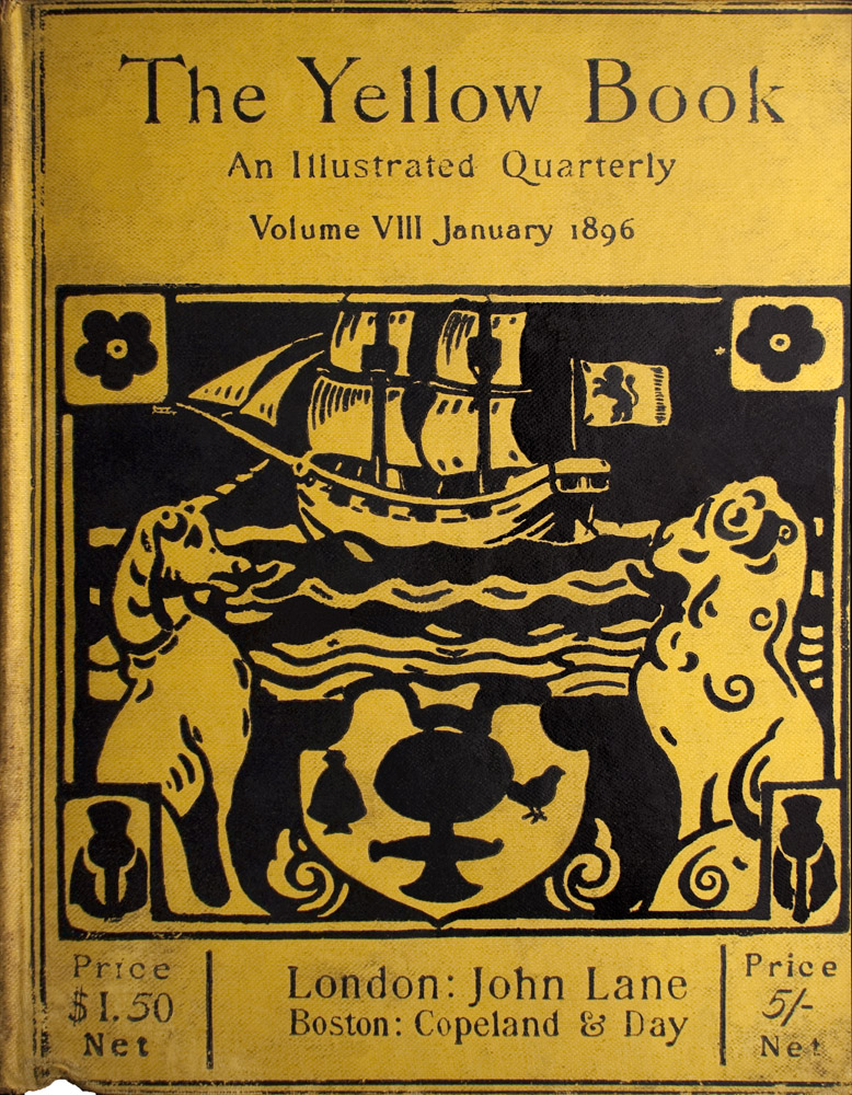 Image is of a ship sailing on a body of water Its bowsprit is pointing left It has a flag attached to its stern the flag features a rampant lion The ship has four sails In the foreground are two animals on the left side of the image is a seated unicorn on the right of the image is a seated lion The animals are facing each other In the space between them is a crest On the left side of the crest is a bell on the right side there is a bird In each corner of the image there is an inset of a flower In the upper corners the rose does not have leaves In the bottom corners the thistle has leaves The image is vertically displayed