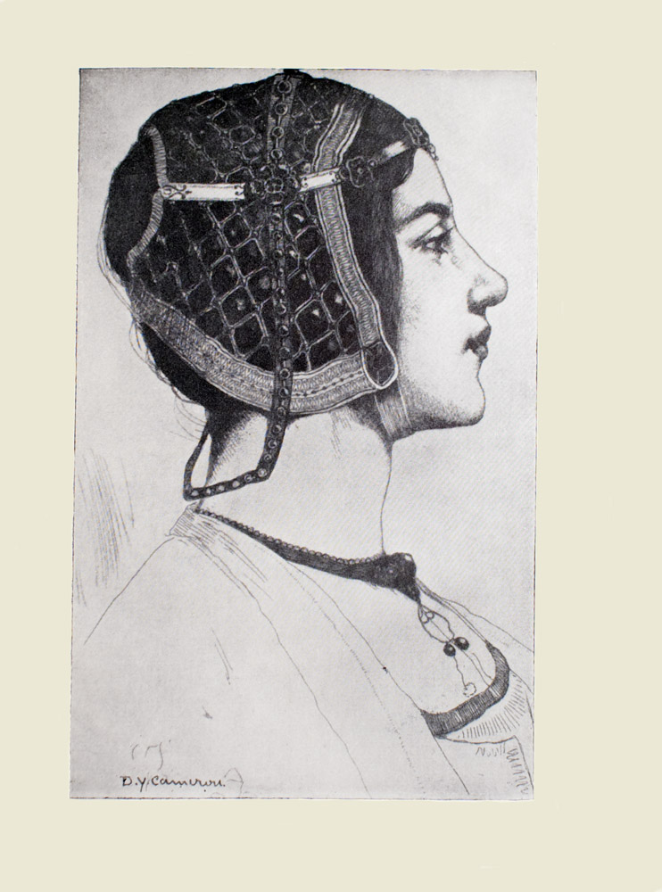 Image is of a girl shown in profile from the neck up She is wearing a renaissance headpiece with her dark hair tucked underneath She is facing the right with eyes looking forward An ornate necklace rests on her collarbone and chest Her clothes are of a light colour The background is open and light coloured The artists name D Y Cameron is in the bottom left of the image The image is displayed vertically