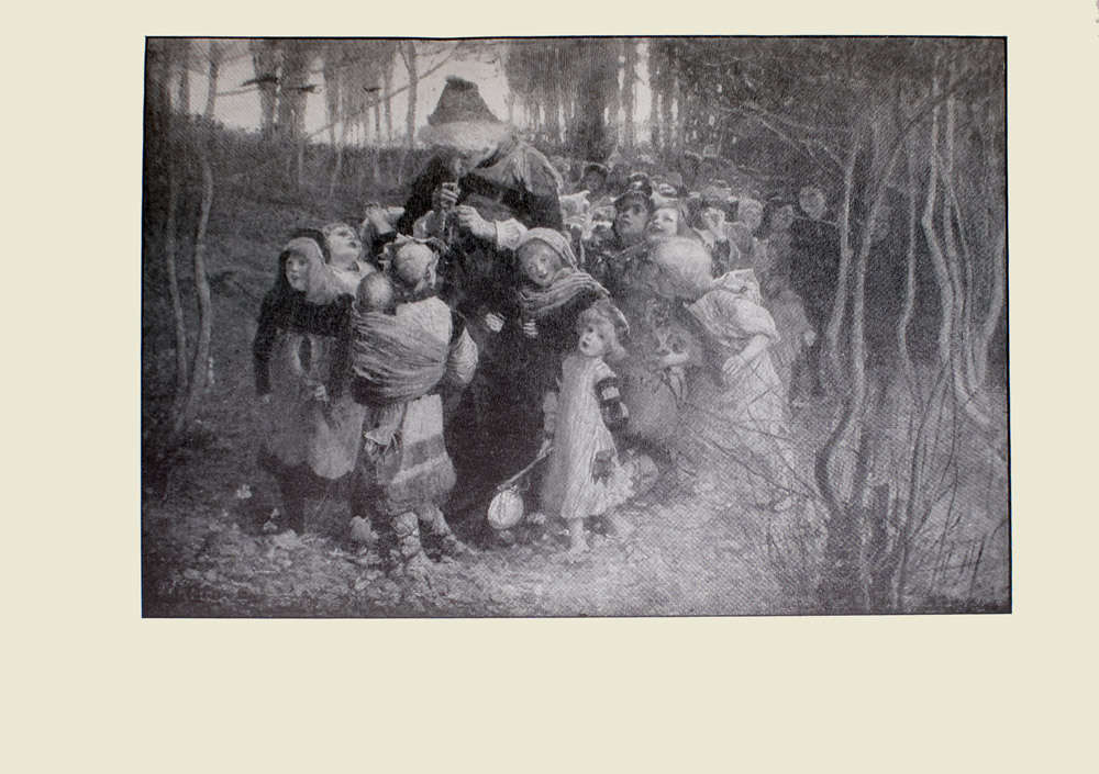 Image is of many young children surrounding a man playing a pipe Most of the children are looking up at him with heads tilted They are standing in a clearing of a forest with relatively bare trees leaves are spread across the ground The piper is wearing dark clothing and a fur trimmed hat His head is bent down and looking at two children in front of him His body divides the image in half vertically One of these children is a young boy and the other is a baby The infant is swaddled and attached to the boys shoulder Both of them are looking at the piper A young girl is to the left of this boy she is wearing dark clothing and a headdress She is looking away from the piper to the right and out into the forest In the background behind her three dark birds are flying overhead To the mans left side is a young girl wearing dark clothing and a light headdress Her head is tilted towards the piper she also has a smile on her face The toddler beside her is wearing a light coloured dress The child is barefoot and is carrying an instrument in their right hand The image is horizontally displayed