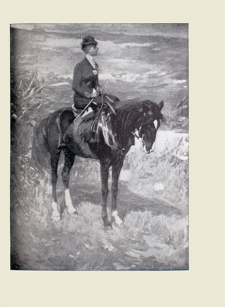 Image is of a woman horseback riding in a grassland The horse is still as the woman looks out into the distance The horse is completely black save for a white diamond on its nose and some white hair around the ankles Its head is bowed down with a bridle covering the horses snout Both the horse and the woman are shown in profile looking to the right of the image The woman is sitting side saddle Her body divides the image in half vertically She is wearing a hat gloves and dark coloured equestrian attire Her hair is tied back She wears a flower in her lapel In her right hand she holds a crop with a curved end The image is vertically displayed