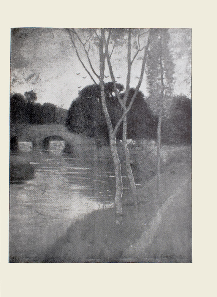 Image is of a river scene In the foreground there are three birch trees which divide the image in half vertically To the right of these trees is a small dirt pathway to the left are two swallows flying above the river In the left middle ground is a short arched bridge In the background there is a cluster of trees to the right of the bridge their reflection can be seen in the water Above these trees is a flock of birds The artists signature is in the bottom right hand corner The image is vertically displayed