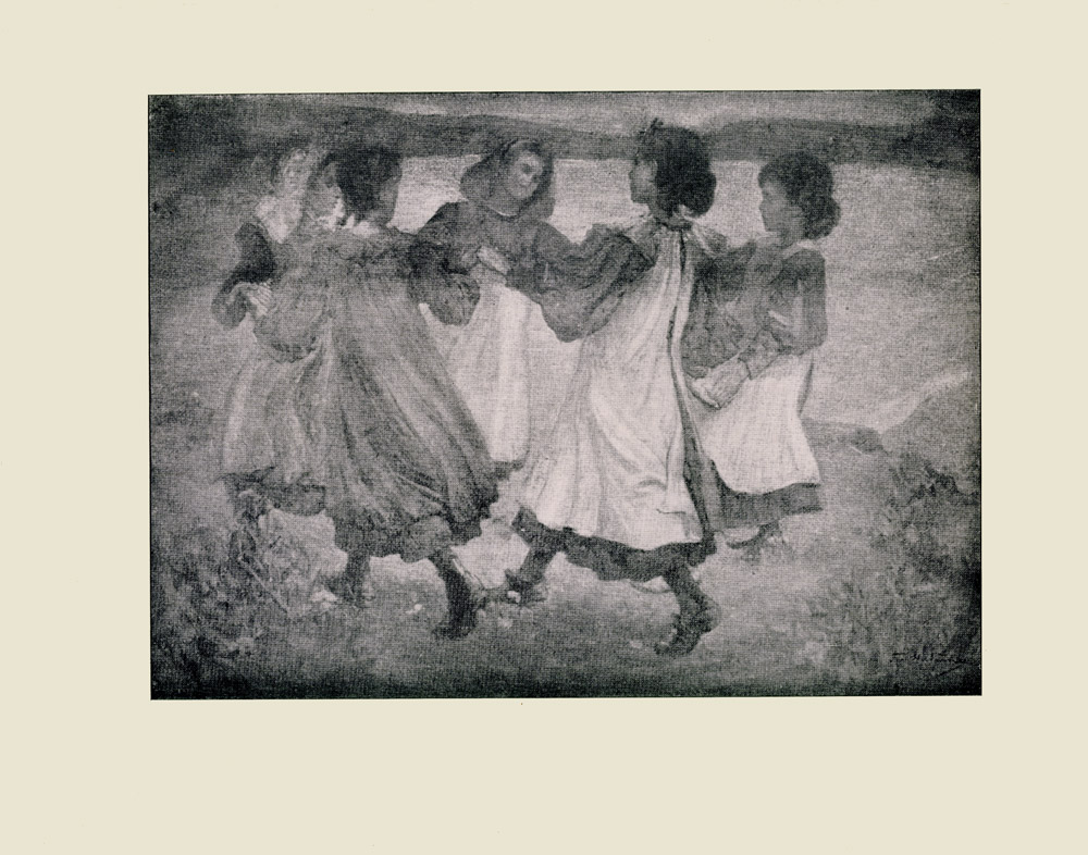 Image is of five young women holding hands and dancing around in a circle on the grass They are all facing each other looking toward the inside of the circle Four of the women are wearing long sleeved dresses with white pinafores All of them are wearing their hair back There is a body of water to the right of them Rolling hills can be seen in the background The sky is dark The artists signature F H Newbery is in the lower right hand corner The image is horizontally displayed