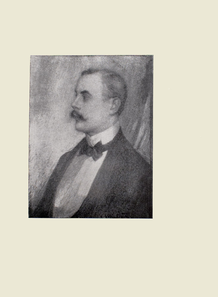 Image is a portrait of a moustached Kenneth Grahame shown from the chest up He is shown in profile looking to the left He is wearing a formal suit with stiff collar a bowtie The background is open and light coloured The artists signature E A Walton can be seen in the lower right of the image The image is vertically displayed