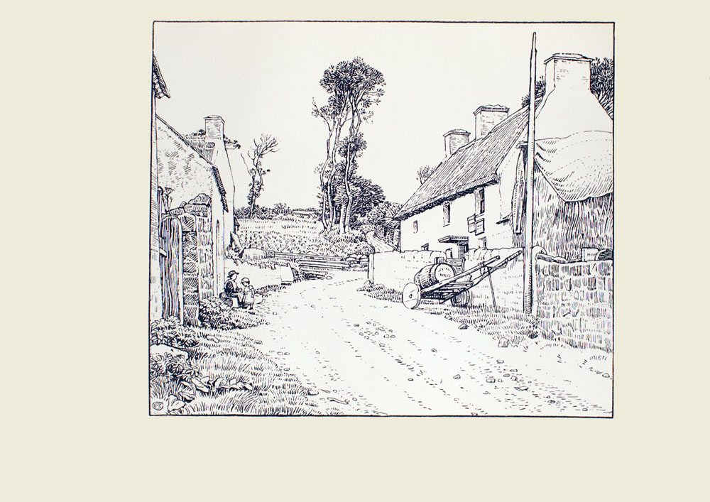 Image is of a dirt road On the right side of the image is a building with three chimneys A smaller darker building is beside the building in the middle ground A stone wall winds around the house A wood cart with wheels sits beside the wall on the road There is a single barrel on top of it A string dangles from its handles Immediately in front of the cart is a pole Across the street are two other buildings There is one woman and one girl figure outside the building The woman is wearing a dark dress and a hat She is sitting down The girl is wearing a light coloured dress with short sleeves She is standing in front of the woman Both are shown in profile One building has a stone wall beside it there is a tall wooden gate with a curved top that is part of the wall In the background there are several trees to the left of the road To the right of the trees is a field The sky is open and cloudless The artists signature is in the bottom left corner The image is horizontally displayed