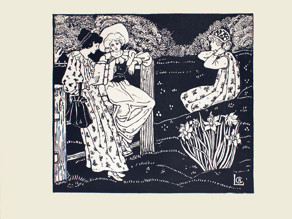 Image is of three women on hilly terrain reading Herricks poetry together The woman reading the book is the leftmost figure Both of her hands hold the book She has dark hair in an updo she is wearing a patterned dress with a ruffled neckline and long puffed sleeves On her right arm is a dark bag that cinches closed The woman is leaning on a wooden fence She is shown in profile looking right at a woman standing beside her The woman to her right has light coloured hair contained by a hat She is also wearing a light coloured dress with puffed sleeves and a ruffled collar with a dark vest She is sitting on the same wooden fence This womans right arm is supporting her on the fence and her left hand She is looking toward the book with a slightly tilted face To their right in the middle ground is a young woman She is shown in profile looking left in the direction of the women She has light coloured hair and is wearing a patterned dress with long sleeves She is fastening the neck strap of a hat In the right immediate foreground there is a cluster of daffodils There are trees in the background Small flowers are dispersed throughout the grass. The artists initials CAL are in the bottom right corner The image is horizontally displayed The image is single ruled with a thick black line