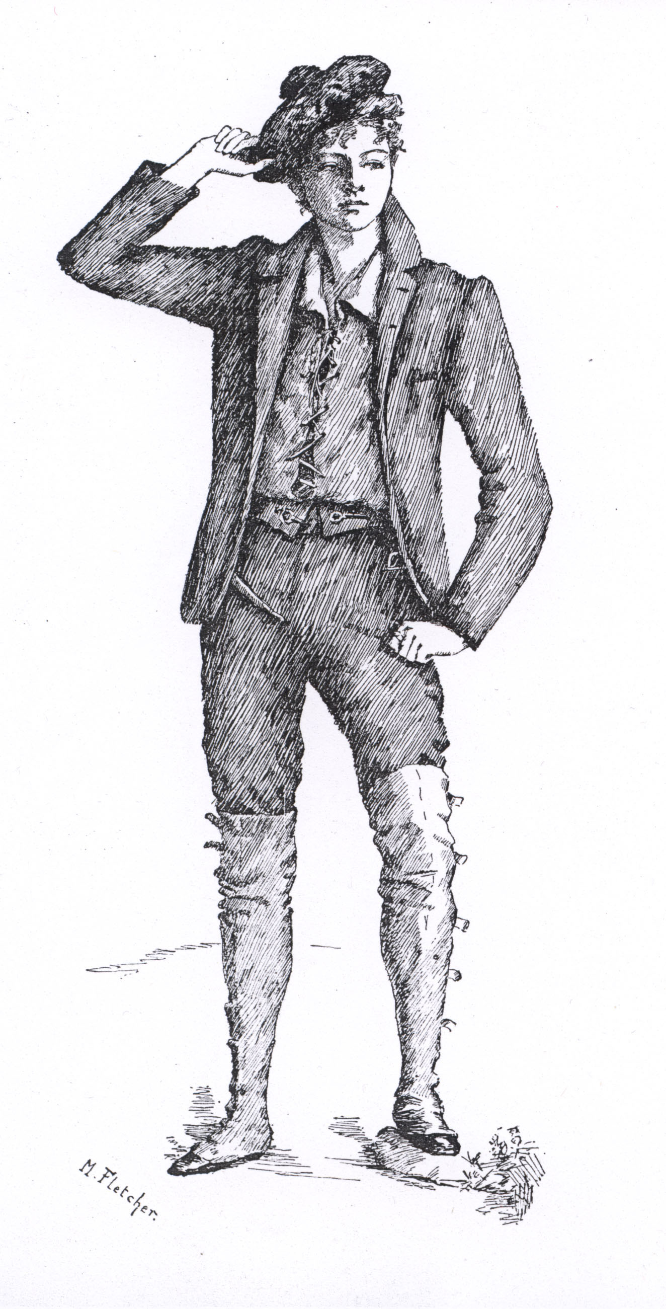 Image is of a young Dowie shown full frontal. Her left leg is slightly raised with her foot resting on a rock. Her left arm is resting on her thigh and her right arm is holding onto her beret. She's wearing trousers, a blazer and knee-high boots.