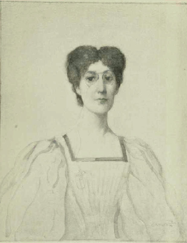 George Egerton is shown in a full-frontal position from the waist up. She is wearing a dress with puffed sleeves and a pair of glasses. The background is open and light-coloured.