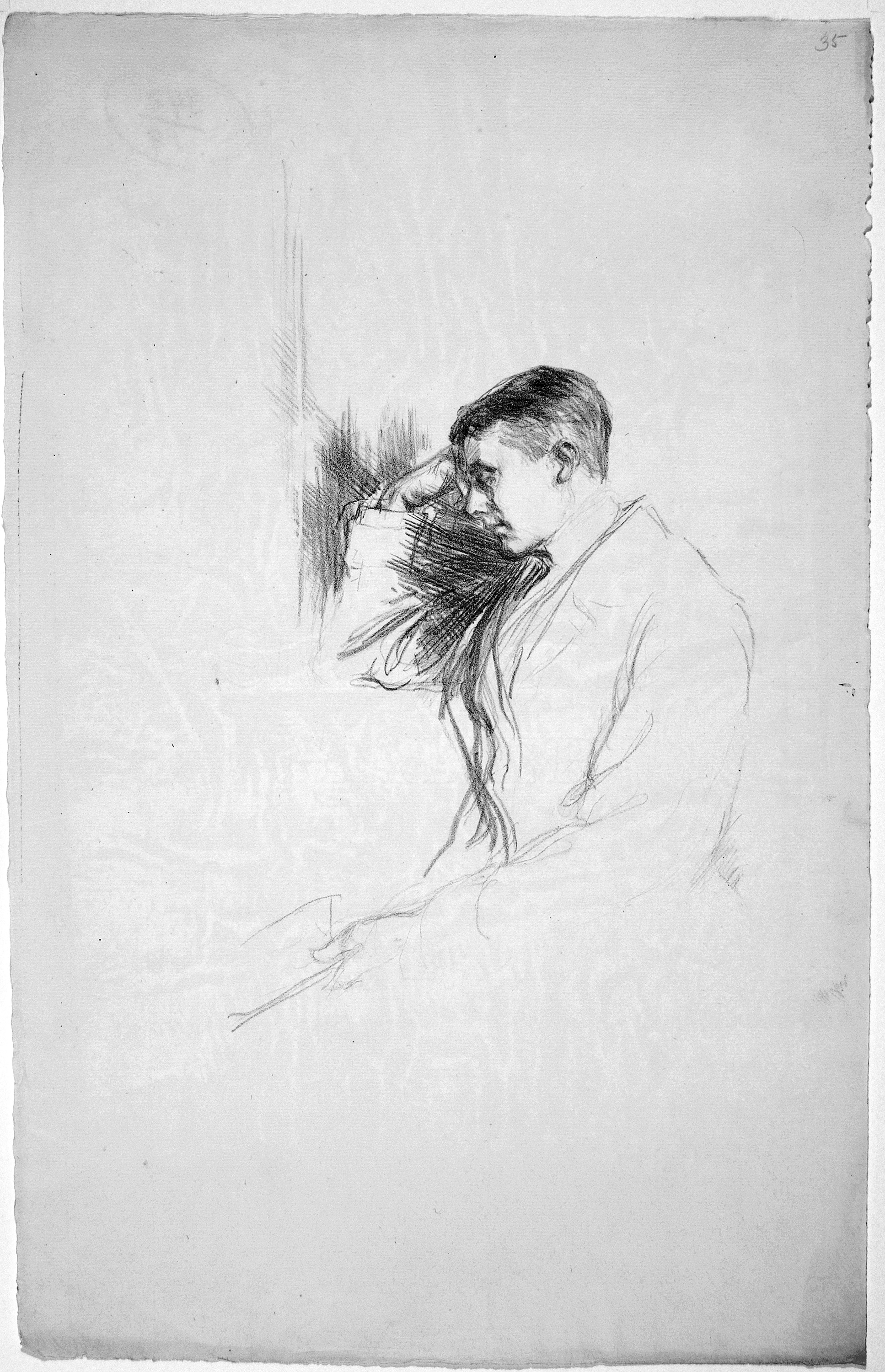 This image is a drawing of John Gray, his head and right arm are detailed, and the rest of the image is loosely sketched, fading away further down the page. He is leaning on his right elbow, perhaps by a window, his fist to his forehead and eyes shut. In his left hand is a book, loosely held. Straight dark lines fill the space between his head and arm, contrasting with the rest of the sketch. His hair is combed to the side, it is dark on top and grey on the bottom. He is wearing a heavy overcoat, white shirt sleeves are visible.