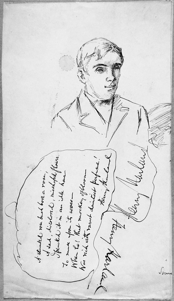 This pen sketch shows, at the top of the page, Harland’s head and shoulders in a three quarter view looking right. The figure is roughed in with quick strokes and cross hatching. Trailing downwards on a diagonal are two attempts at Harland signing his name. Six handwritten lines of a poem, turned ninety degrees counter clockwise, and circled appear in the lower left of the page. Transcript: “A stunted rose bush bore a rose, A sad discoloured, misshaped flower. I plucked it in an idle hour To muse upon its woes – When lo! That mockery of bloom Was rich with rarest daintiest perfume! Henry Harland”