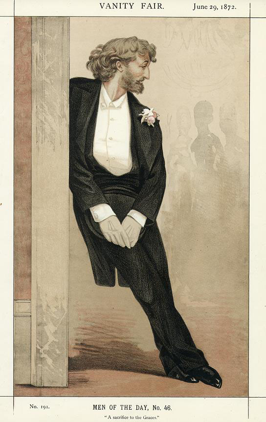 Frederic Leighton is standing in profile, leaning against a doorframe. He is wearing a tuxedo with pink flowers in his lapel. To the right of him in the background, there are the faint outlines of three women.