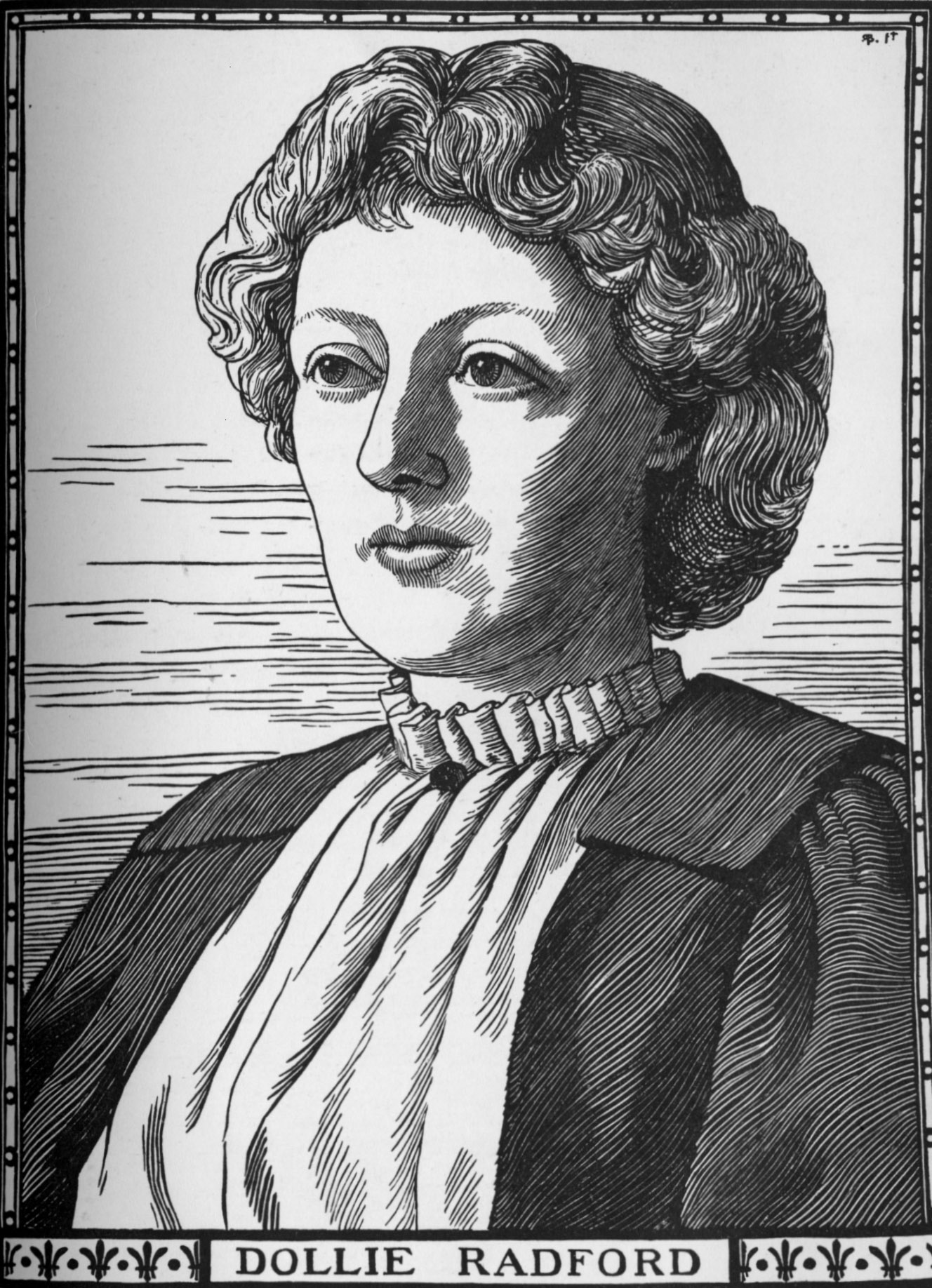 Image is a woodcut of Dollie Radford. She is shown from the chest up with ¾ face. She has short, curly hair. Her gaze is off to the left. She is wearing a light-coloured shirt with a ruffled collar and a dark jacket. The image is vertically displayed.