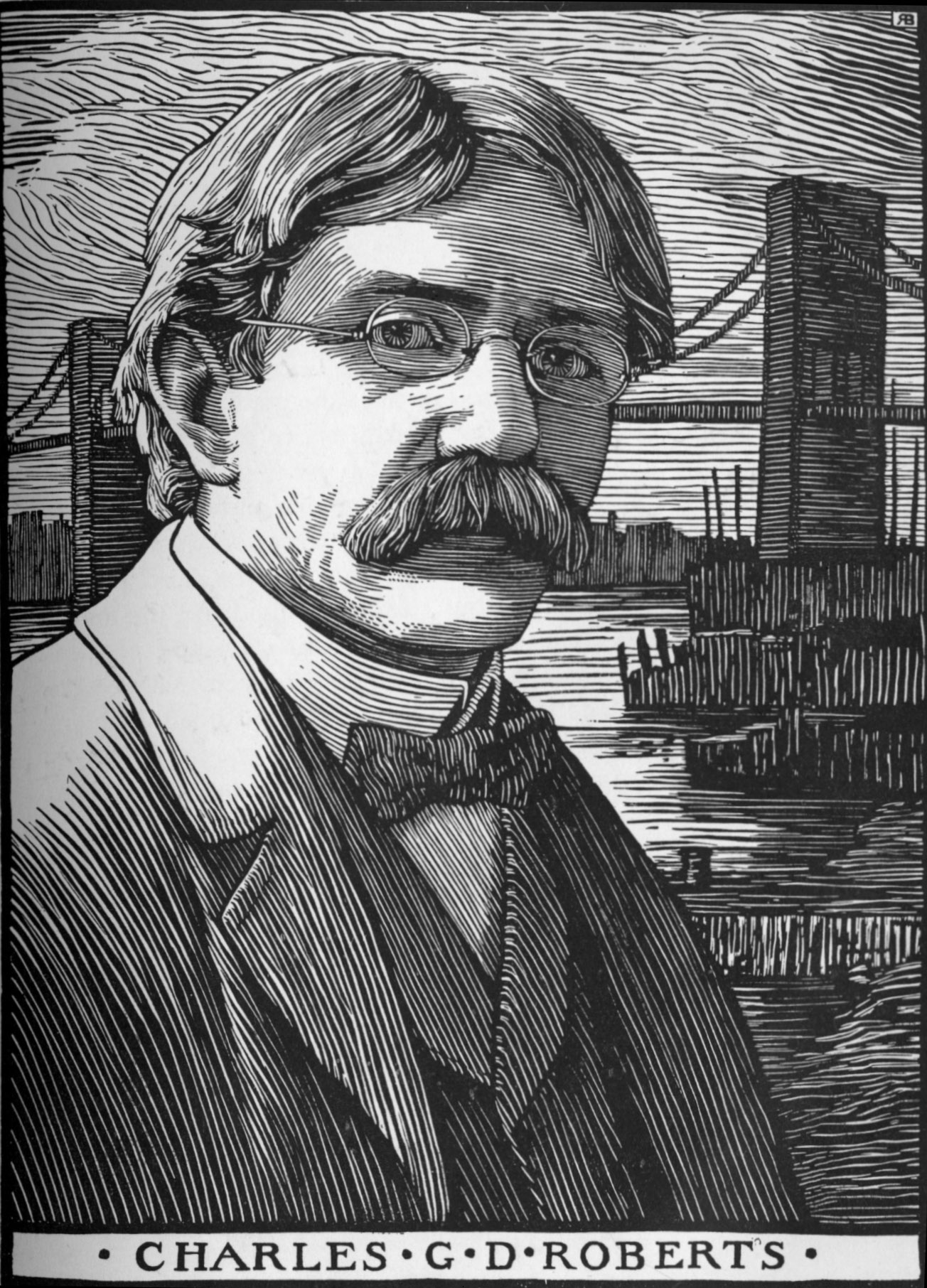 Image is a woodcut of Charles G.D. Roberts. He is shown from the chest up with about a ¾ face position. He is wearing oval glasses, and his hair is wavy and parted off centre on the right side. He has a large moustache and is clean-shaved elsewhere. His gaze is directed at the viewer. He is wearing a stiff collared white shirt, a bowtie, a vest, and a blazer. In the background is a lake and a suspension bridge. The image is vertically displayed.