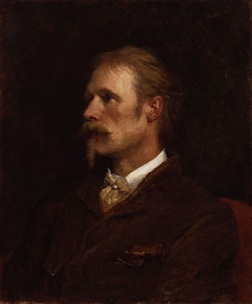 Walter Crane is shown sitting on a dark maroon chair from the middle of his chest up, his face turned towards the left of the image, eyes also turned towards the left. He is wearing a dark brown blazer with a brown handkerchief folded into his left breast pocket, as well as a golden hued cravat fixed with a pearl pin in the centre, under a white collared shirt. The background is dark-coloured.