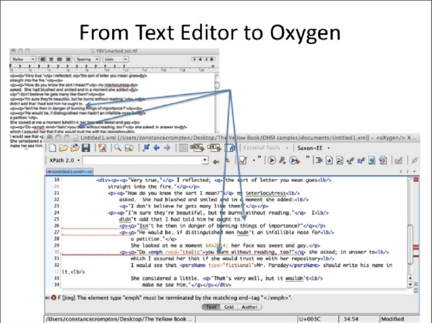 Image showing the transition between text editor to Oxygen, a coding software used in the Yellow Ninties Online Project.