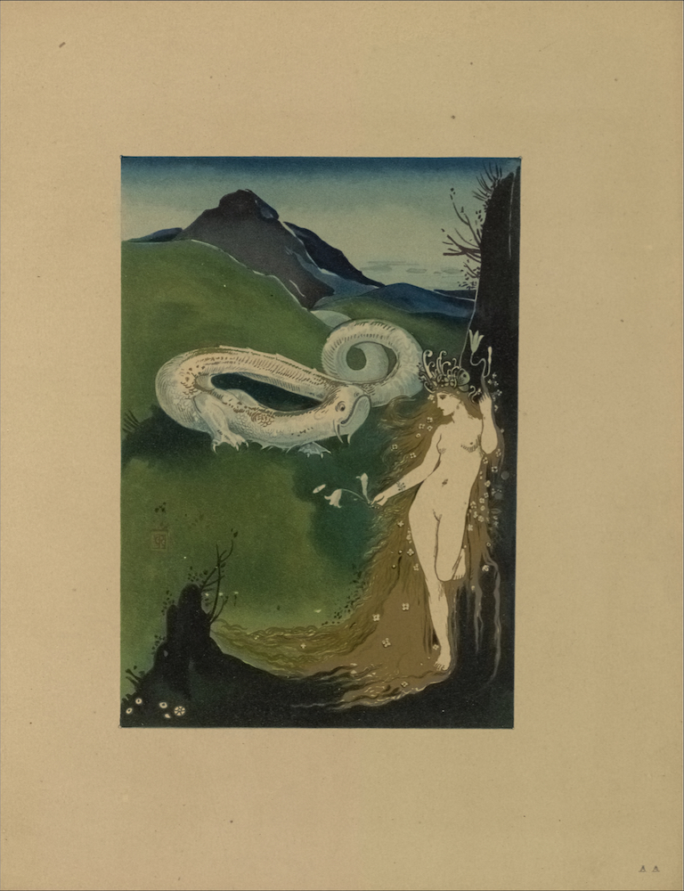 The coloured lithograph is in portrait orientation and is centered on the page. In the centre foreground, a sinuous dragon or worm, which appears to be emerging from the clefts of the green and blue mountains in the background, faces a nude white woman, positioned frontally in the right foreground. The worm has white scales, two short clawed legs which protrude from its sides, and a long swirling tail which spirals back into the clefts of the mountains. The worm’s head is turned to look at the woman in profile. The worm’s face in profile shows one large eye close to the top of its head, two small nostrils, and a wide mouth which is closed, but appears to be smiling. The woman in the right foreground is standing, leaning against a black cliff or rock, with one leg bent behind her. Her face is slightly turned to the left so that only her profile is visible. The woman has long blonde hair that is decorated with small flower heads and falls behind her, reaching past her feet. She is wearing a fantastic crown/headpiece above her forehead made from curling flower sprouts or worms. The woman’s right arm is stretched out, holding a spray of three white lilies. The woman’s left arm is bent upwards, aligned with her breast, and holds two white lilies above her head. The black cliff on which the woman leans occupies the right bottom and side of the image. Branches and various plant life protrude from the top of the rock cliff and the bottom left elevation of the cliff. The background sky in the illustration changes from a light to dark blue gradient moving upwards. A few small clouds are depicted in the right background of the sky. The capital initials “CR” appear in the lighter-green base of the mountain on the bottom left.