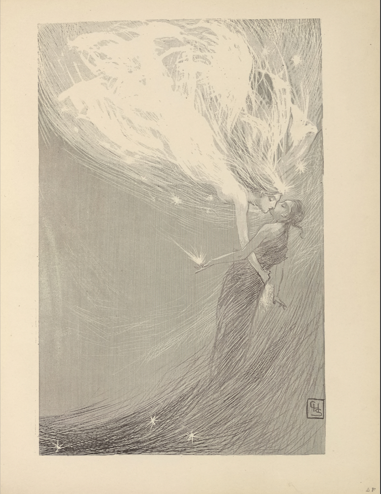 The illustration is in portrait orientation and is centered on the page. An angel in female form descends in profile from the top left region of the illustration down through the right centre. She has long, flowing hair, is studded with stars around her body, and radiates white light. Her right arm is outstretched around the waist of the lifeless child dressed in dark, ragged clothing in front of her. An explosion of light radiates out from the child’s outstretched open left palm. Beneath the child is a wave of darker light(?) and three studded stars. The initials “CHS” are etched in a small rectangular box positioned in the bottom right corner of the illustration.