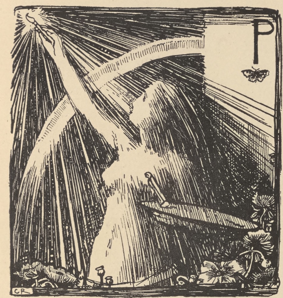 The initial letter “P” is capitalized and positioned in the upper right                        corner of the square pictorial ornament. Beneath the initial letter “P” is a                        small butterfly with open wings. In the foreground, a naked woman with long                        straight hair stands in three- quarter profile, facing left. The woman is                        holding an artist’s palette with her left hand. Her right hand, which                        extends in a diagonal up to the top left corner, holds a small paint brush.                        It is illuminated and shines diagonal rays of light down throughout the                        background of the ornament. An arch of light is also depicted starting from                        the bottom left corner of the ornament moving towards the initial letter “P”                        in the upper right corner. Beneath the woman there are small poppies (blooms                        and pods) lining the base and lower right side of the ornament. The initials                        “CR” are in black capitals on a white rectangle in the bottom left                        corner.