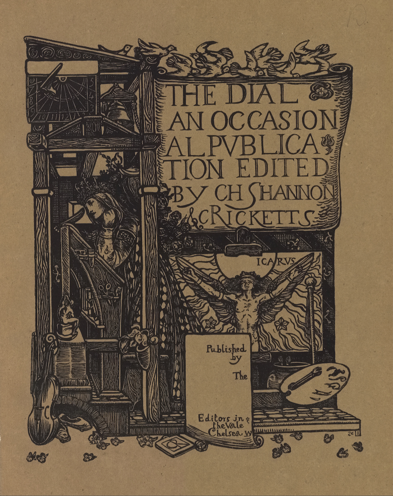 The image is printed in black ink on buff coloured paper. It is centered in portrait orientation on the page. In the upper right region of the image, a large scroll or cartouche displaying the text “The Dial: An Occasional Publication Edited by CH Shannon & C Ricketts” in large capital letters is positioned on a tall structure made from wooden cross beams. Ten white doves appear to be flying above in both directions to land on the top beam of the structure. Below the large scroll is a sheaf of roses and a labelled image of Icarus, naked , with his arms outstretched beside him to hold up his wings. Icarus is standing in front of the sun and is surrounded by flames and various scattered flowers. A framed box is below the Icarus iconography displaying the publishing information: “Published by the Editors in The Vale Chelsea W.” The artitst’s initials “CR” appear centered below the box, set within a book. To the right of this box is an artist’s palette with one brush and a jar with two sprouting plants. In the upper left portion of the image, a sundial and a bell are displayed underneath the lectern-style roof of the structure on the left side, adjacent with the first two lines of text on the scroll. Below them is an open room built in the confines of the wooden cross beams. A woman with a crowned headpiece, long hair, and an ornamented robe, is standing in left profile in the open room. She appears to be leaning against a tall writing desk/prayer stand/ art desk, which is also depicted in profile. The woman’s left arm is bent and rested on the desk and raised beneath her chin. Her right arm is rested up against the desk and she appears to be holding a quill pen with her right hand. The side of the desk contains artisanal instruments such as scissors and engravers. A small grotesque supports one of the legs of the desk at left. Below this pedestal is leaninga violin and a pair of slippers. Scattered across the whole bottom border of the image are leaves or flower petals.