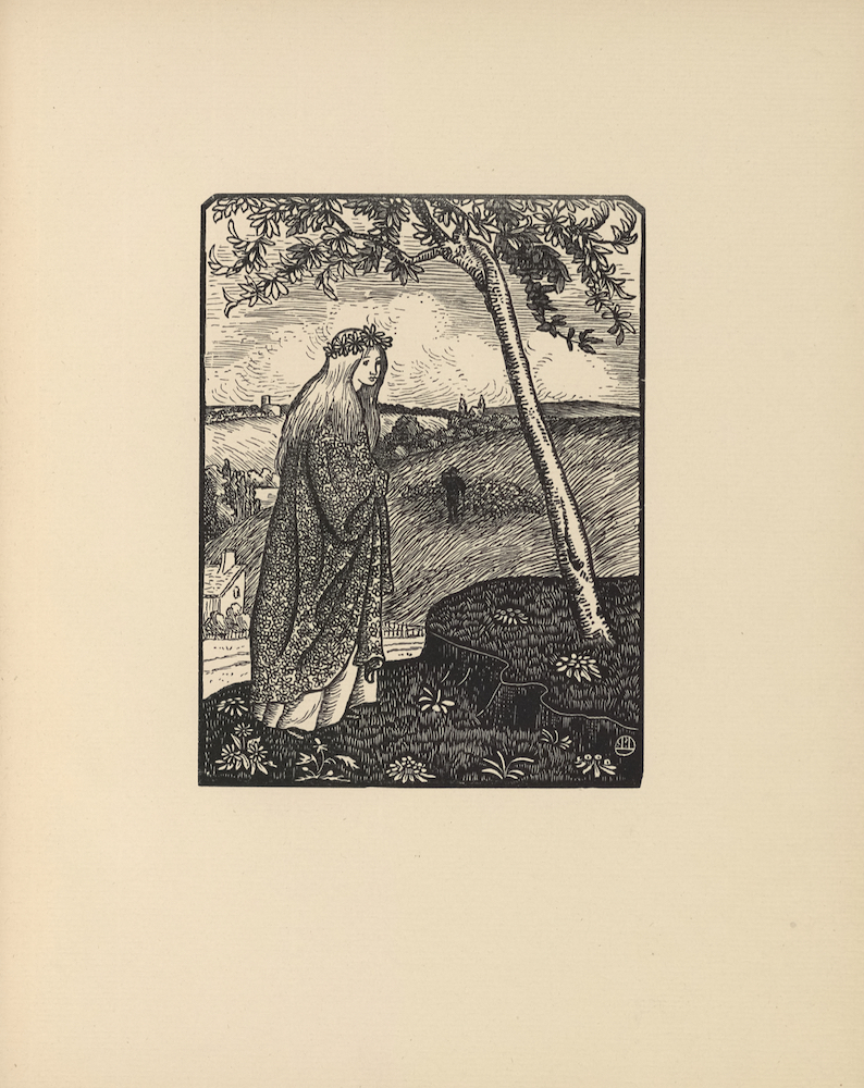 The illustration is black and white, in portrait orientation, and is                        centered on the page. In the foreground, a young girl with light long hair                        stands on a grassy hillside meadow. She is positioned in three-quarter                        profile facing right. She is wearing a headpiece made from daisies and a                        heavy floral-pattered robe. At the young girl’s feet are eight flowers. To                        her right is a small raised plateau with two clumps of flowers and a single                        tree, which leans leftwards toward the girl. The leaves of the tree spread                        across the upper portion of the illustration. In the background are hills,                        few buildings with chimneys, and forests in the distance. A dark figure with                        a hat, likely a farmer or shepherd, is depicted on the hill directly behind                        and below the young girl. He stands with his right hand on his brow and his                        left down beside him carrying a stick or perhaps a staff. The figure also                        appears to be surrounded by moving objects (possibly sheep or cattle). The                        illustration is marked with a small circle with two vertical lines and one                        horizontal line.