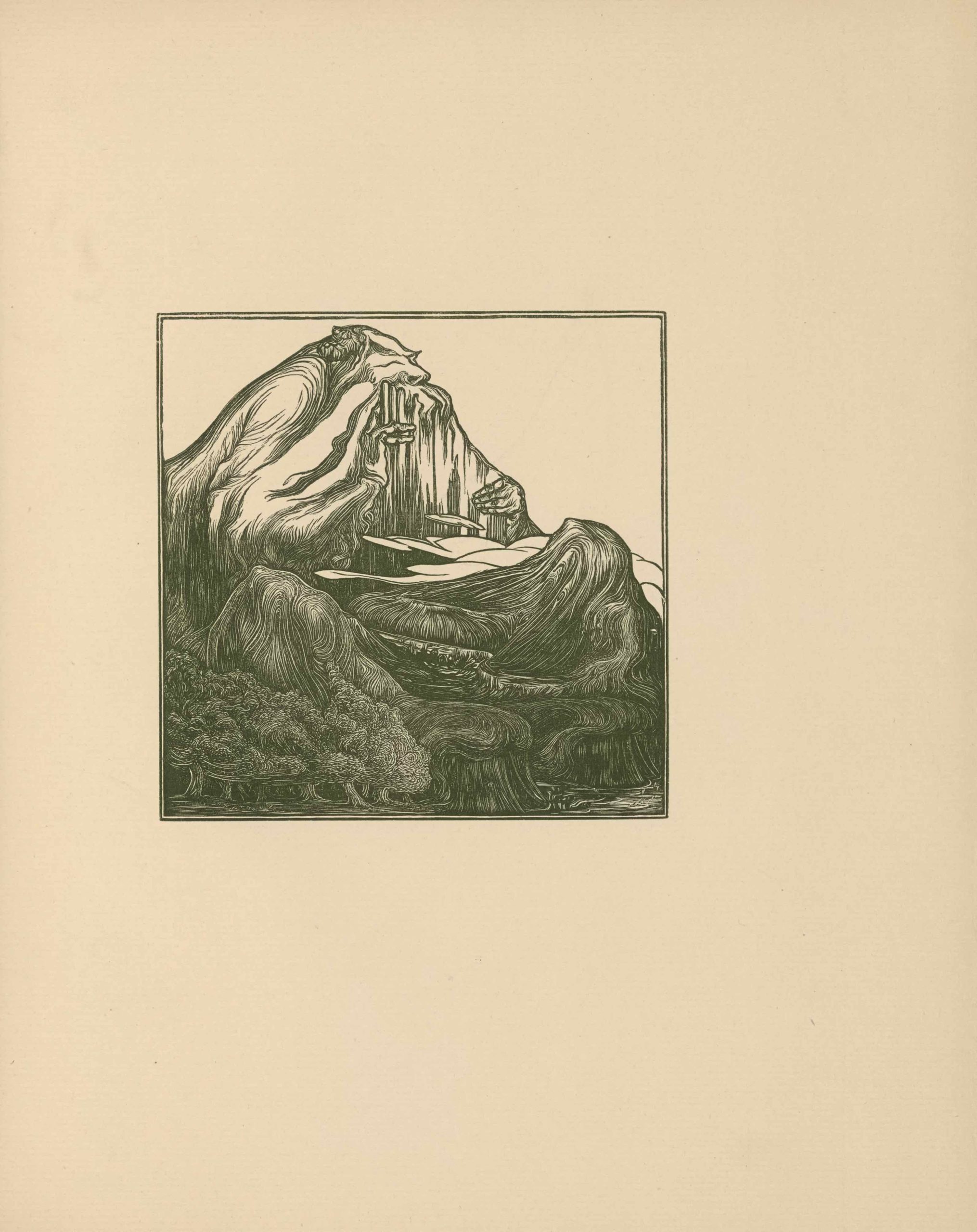 The wood engraving is set into a square border, printed, as is the image, in dark green ink. The image depicts a fantastic landscape in which a hulking mountain is anthropomorphized to look like an enormous humanoid creature playing the panpipes, which are actually sheer cliffs. The figure’s brow, nose, arms, and hands are clearly discernible. The mountain figure takes up much of the background, extending almost to the top of the frame, set against a blank backdrop. The mountain figure’s beard, composed of drooping snow piles, hangs over the pipes. Below the mountain figure drift clouds over lower mountains and cliffs in the middleground. The foreground is occupied by a grove of dark trees on the left and a body of water in the right corner.