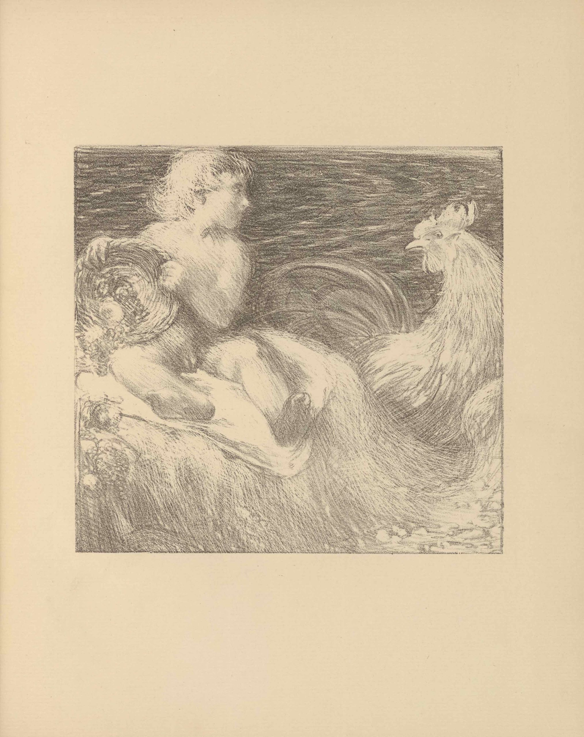 The lithographic image, printed in soft grey tones, is set into a thin, square border, centred on the page. It depicts a naked male child sitting on a blanketed bale of hay on the left side of the image. He looks towards a rooster on his right who looks back at him; both are in profile. The child holds a wicker basket of fruit, which he has spilled. The fruits spill out onto the hay bale in the foreground. The child and rooster are set against a dark background dappled with white lines, suggestive of a pond or water of some kind.