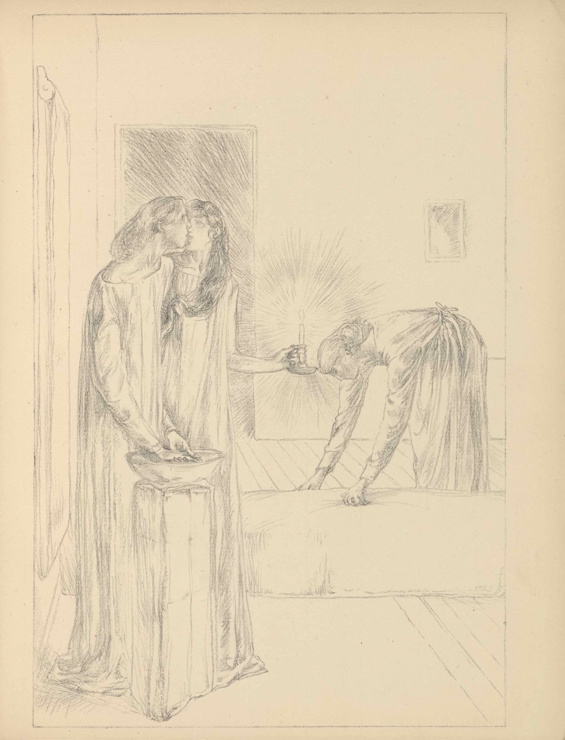 The lithographic image is set into a thinly-lined rectangle on the centre of the page. The image, represented in soft grey tones, shows a view into a bedroom in which three women are preparing for night. In the left foreground stand two women in long nightdresses in front of an open doorway beside a curtained window on the leftmost wall of the room. They stand in front of a wash basin set upon a draped stone pillar. The leftmost woman is positioned in three-quarter posture, washing her hands in the basin as she turns to kiss the woman beside her. Her hair is bound on the back of her neck and her night dress slips off of her right shoulder. The women face each other as they kiss. The woman beside her has long hair hanging down her front which she clasps in her right hand. Her left hand holds a flaming candlestick out to her left. The candlestick is centred in the image and its light radiates outwards. Nearby, in the middle ground and centre right, a woman wearing an apron with her hair in a snood bends over at 90 degrees to make up a bed or mattress on the ground. The bed is between the pair of women in the foreground and the woman in the middle ground. The floor is composed of diagonal planks of wood. On the wall above the woman making the bed is a framed mirror that catches and radiates the candle’s light.