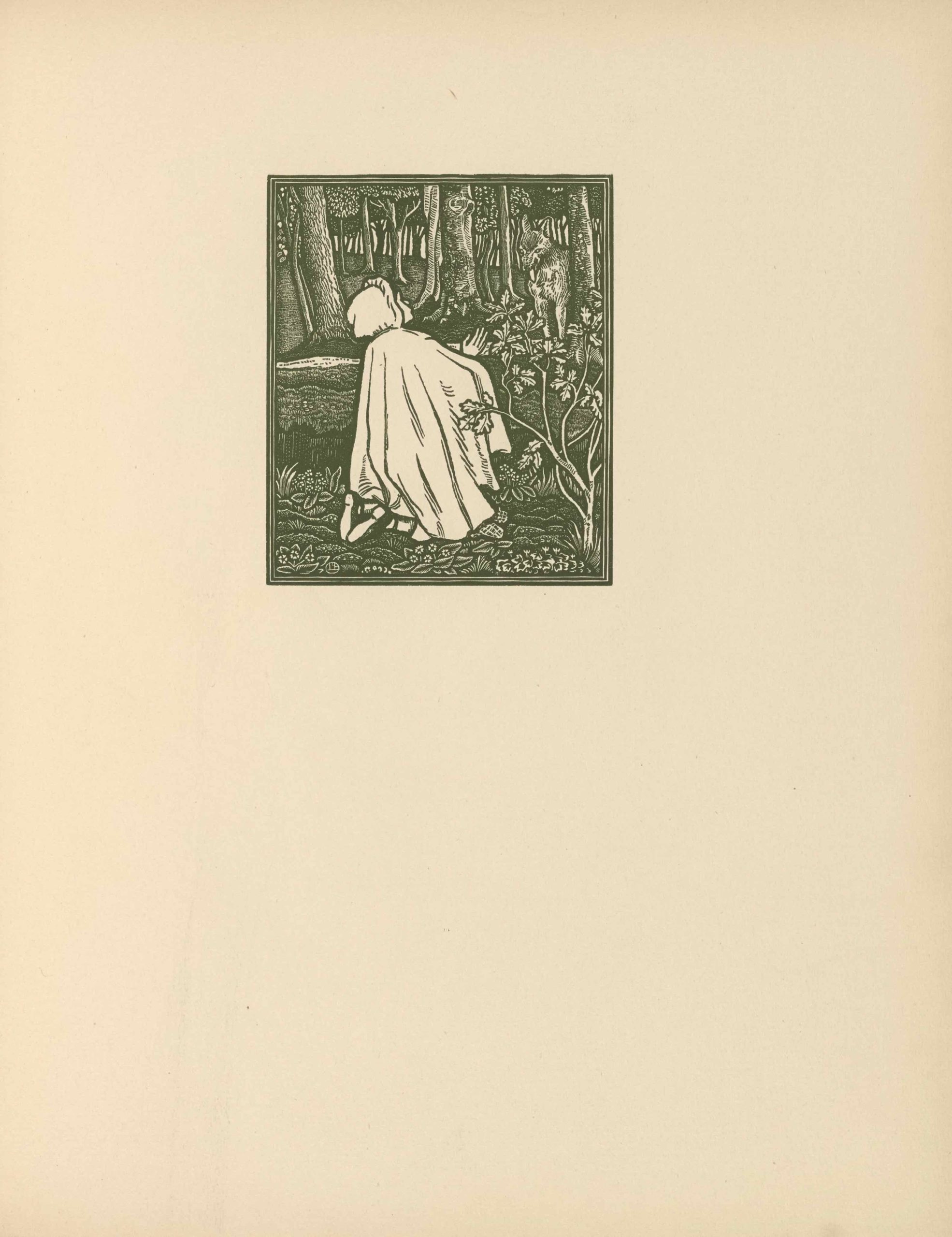 The woodcut is printed in black ink with a double line border, in portrait orientation. The image illustrates a scene from the story of Red Riding Hood. The girl kneels in the centre foreground with her back to the viewer and her face in profile to the right. She wears a hooded cape that covers the back of her head and extends down to her bent legs as well as long socks and shoes. Her right hand is raised towards the wolf who is between two trees in the upper right corner of the picture plane, standing on all four legs. The wolf looks back towards the girl with his ears pricked up and his tongue hanging out. From the bottom right corner a sapling oak tree rises, some of its branches extending in front of the girl and the wolf. In the extreme foreground, the forest floor is covered in flowers. Between the girl and the wolf, a small stream flows horizontally across the frame. The background is dense with tree trunks and branches.
