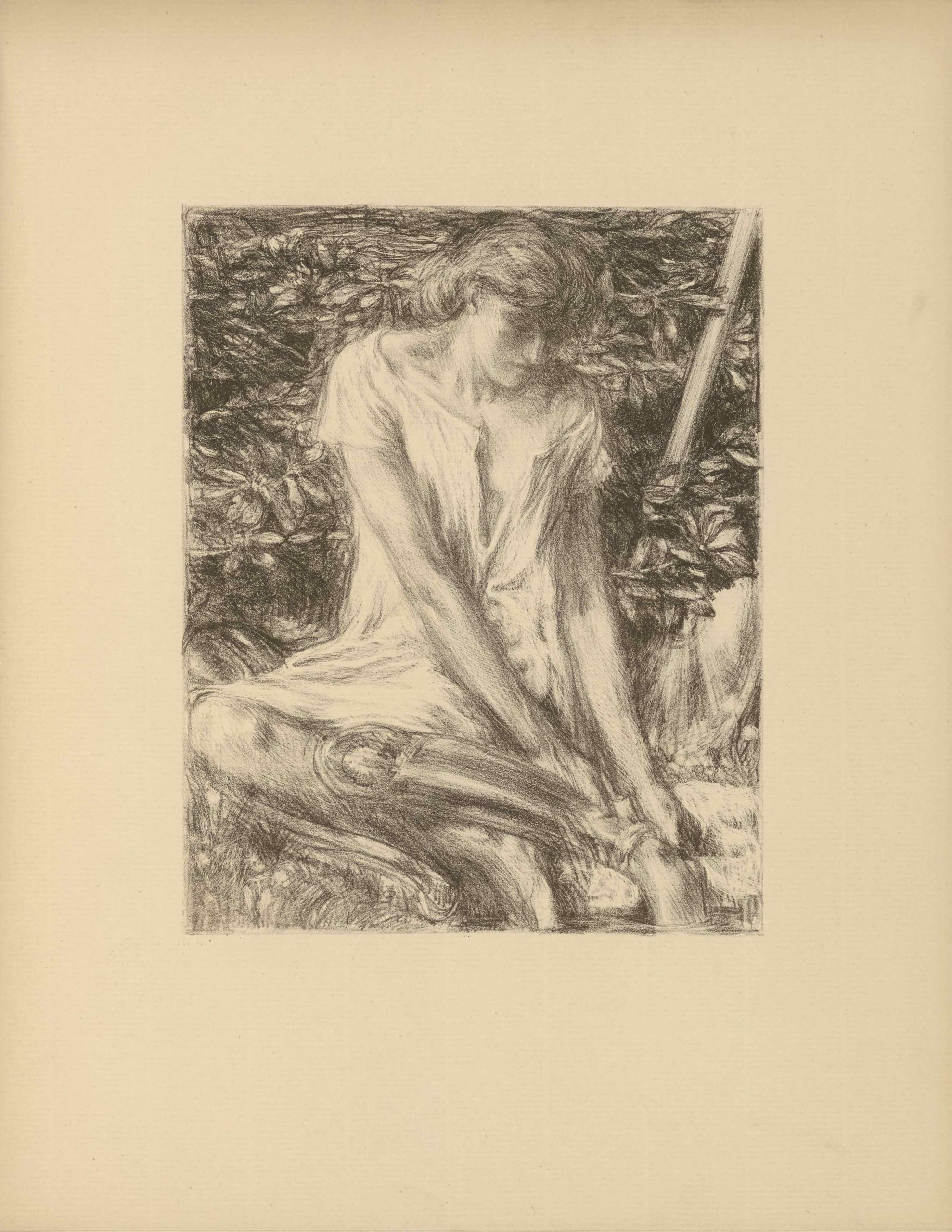 The rectangular lithographic image depicts the huntress Atalanta. It is rendered in soft grey tones and is unbordered, in portrait orientation. The image is a close-up of a woman, depicted frontally, in a seated position with her legs bent toward the right. Her left foot is dipped into a pool. She leans down to adjust armour on her left calf. Her loose-fitting gown is cut in a deep “v” at the front, and her hair is tucked up behind her neck. To her right is a pole which rests diagonally and a burnished shield. In the background behind her is a grove of flowers.