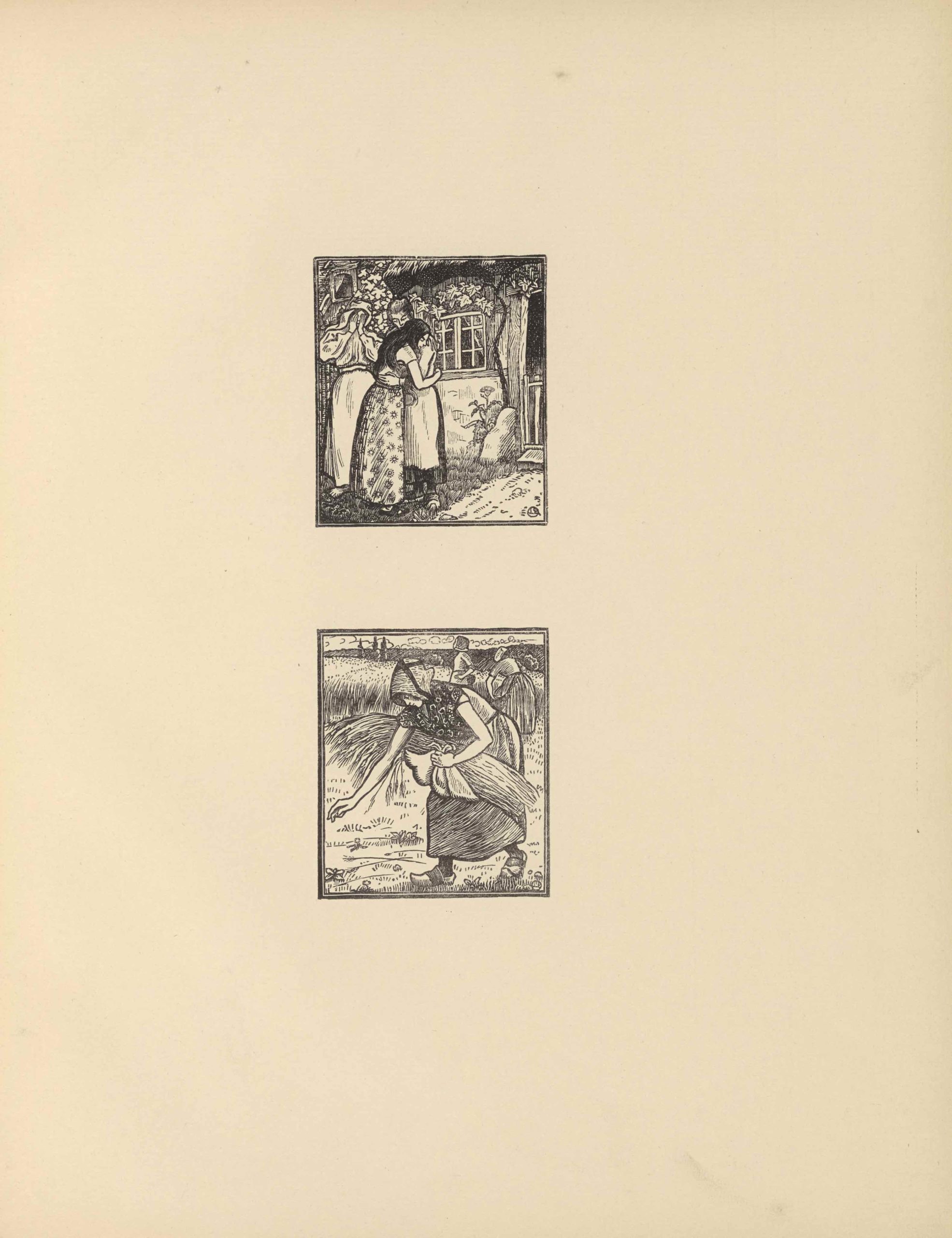 The two small woodcuts appear in portrait orientation, centered vertically on the page, each within a double-lined border. The rectangular images, printed in black ink, depict scenes from the Biblical story of Ruth and Naomi. The top image shows three female figures, in Breton dress, standing in front of a building. In the centre foreground, dark-haired Ruth, wearing a floral dress, embraces the older-looking Naomi, who wears an apron and clogs. Just behind them, to their left, Orpah holds her hands to her face, appearing to weep. She too, wears clogs, as well as a scarf over her hair and shoulders. The house behind them has casement windows and a thatched roof. On the right, ivy and a flowering plant emerge out of a crack in the wall to cover the house. On the extreme right, an open doorway reveals the house’s darkened interior. The second image is an extreme close-up of Ruth gleaning fallen wheat in a field. She bends forward, facing left, in the centre foreground. Her face, shadowed by a bonnet with dark ribbons crossed over the crown, is in profile. She wears clogs and a floral blouse as she bends, right arm outstretched, to pick up stray wheat strands. With her left hand, she holds a bundle of wheat in her apron. Behind her, in the middleground, two women in similar dress stand in the field. More fields stretch into the distance, punctuated by three trees on the left. In the distance, clouds roll in from the left. Both images have a stylized monogram of the artist’s initials in the bottom right corner; a capital “L” and capital “P,” rotated 90 degrees to the left, are surrounded by a circle.