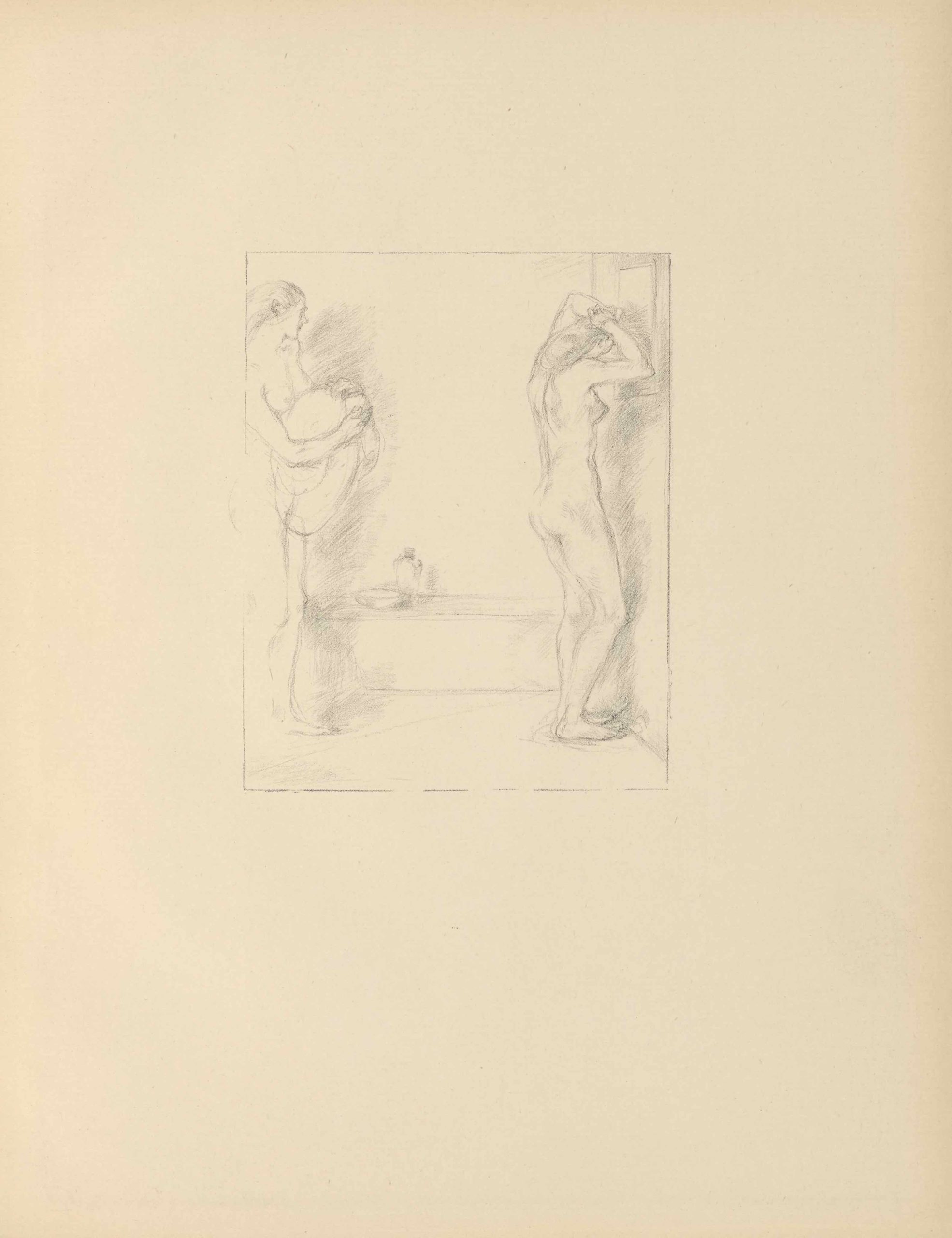 The lithograph, rendered in soft grey tones, is printed in portrait orientation, in a thin-lined rectangular border. The image depicts two naked women in a compressed bathroom. Emerging from the extreme left, a woman faces right, her face in profile, holding a towel in her arms. To her right, her shadow is faintly visible along the wall and floor. She looks towards a woman on the right side of the image. This woman also faces right, looking in a mirror hung on the wall, arms raised to pin up her hair. Her face is turned away from the viewer, and her shadow is cast upon the wall in front of her. Behind the figures is a low bath with a basin and ewer.