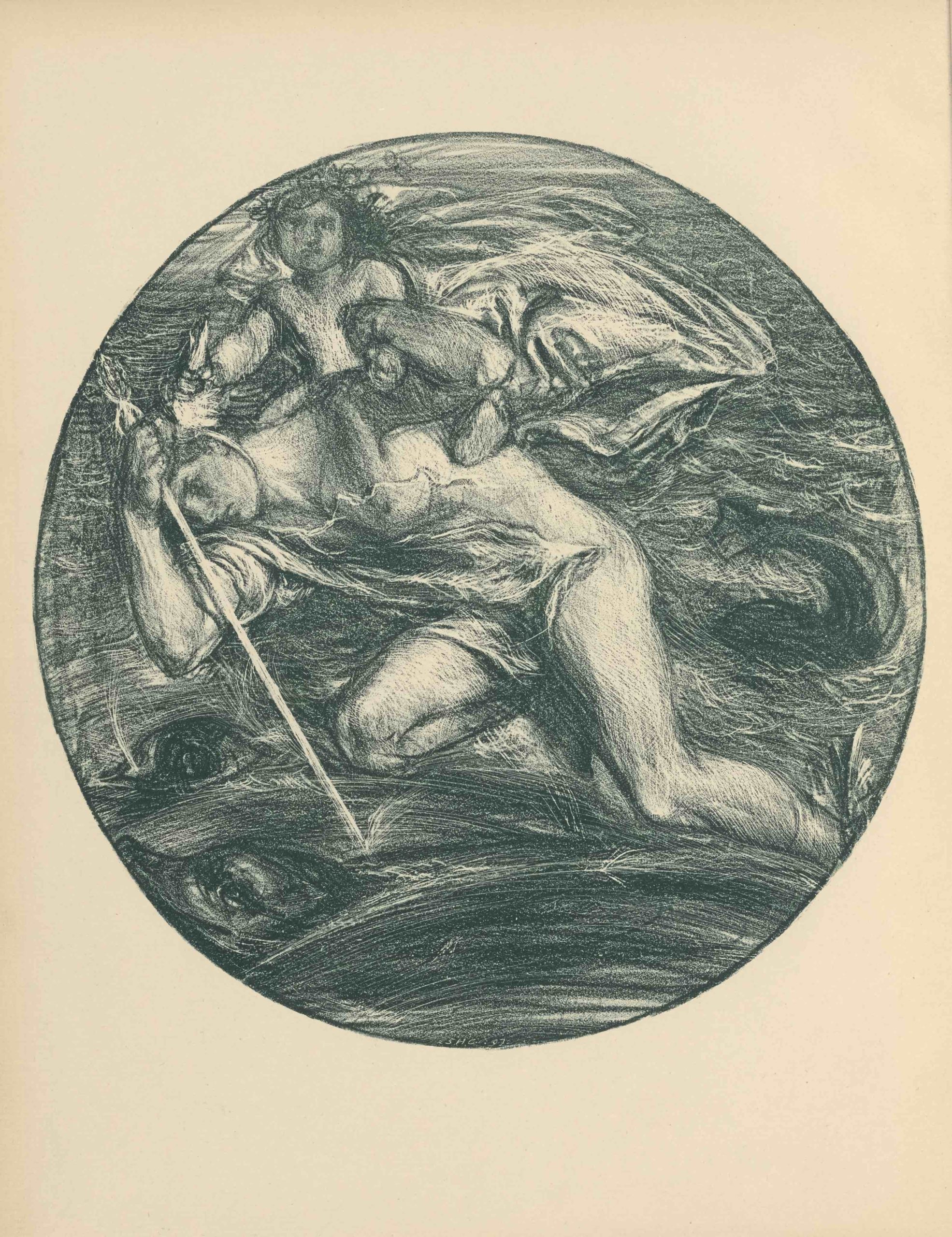 This lithograph is printed in dark blue ink in a roundel shape, with a border. The image depicts two mythological figures, Mercury and Bacchus, traveling over a sea. Mercury takes up most of the image plane; his body is bent, with his feet reaching towards the bottom right of the roundel, and his face and arms bent toward the upper left. His face, bent downwards to his right arm, is in profile. He is naked but draped, holding a scepter in his right hand and wearing a winged helmet and sandals. He carries a child, Bacchus, on his shoulders. The child is nude, and his head is garlanded with flowers. Bacchus grips one wing of the helmet with his right hand while his left arm is gripped by Mercury. Below and behind them, the sea fills the rest of the roundel. Several dolphins swim in the sea, their heads and tails sporadically emerging from the water.
