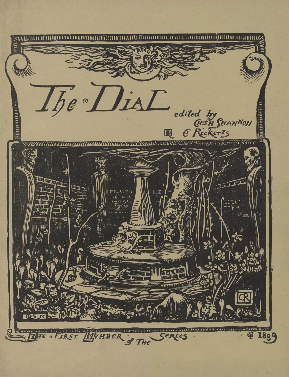 front cover of the Dial with a woodcut image of a fountain overgrown with plants