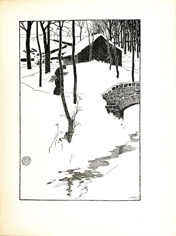 Image is of a figure in a winter scene who is hunched over and holding a bundle of kindling. The figure is partially obscured by a single tree surrounded by a few sparse shrubs. Thin bare trees sparsely populate the foreground of the image and become denser in the background towards the top right corner. In the foreground of the image there is a creek indicated by thin horizontal black lines. A brick bridge is visible on the center right of the image extending over the creek. Behind the figure is a small cottage with snow on its roof and a chimney at the top. Behind the house in the background, is a winding wall that separates the forested area from an open field. The image is rendered in thick black ink with significant white space indicating snow and the sky. The engraver s mark Hare Sc can be found in the bottom right corner of the image. The artist s mark a C with a line through the center can be found on the left side of the image. The image is vertically positioned with a black border.