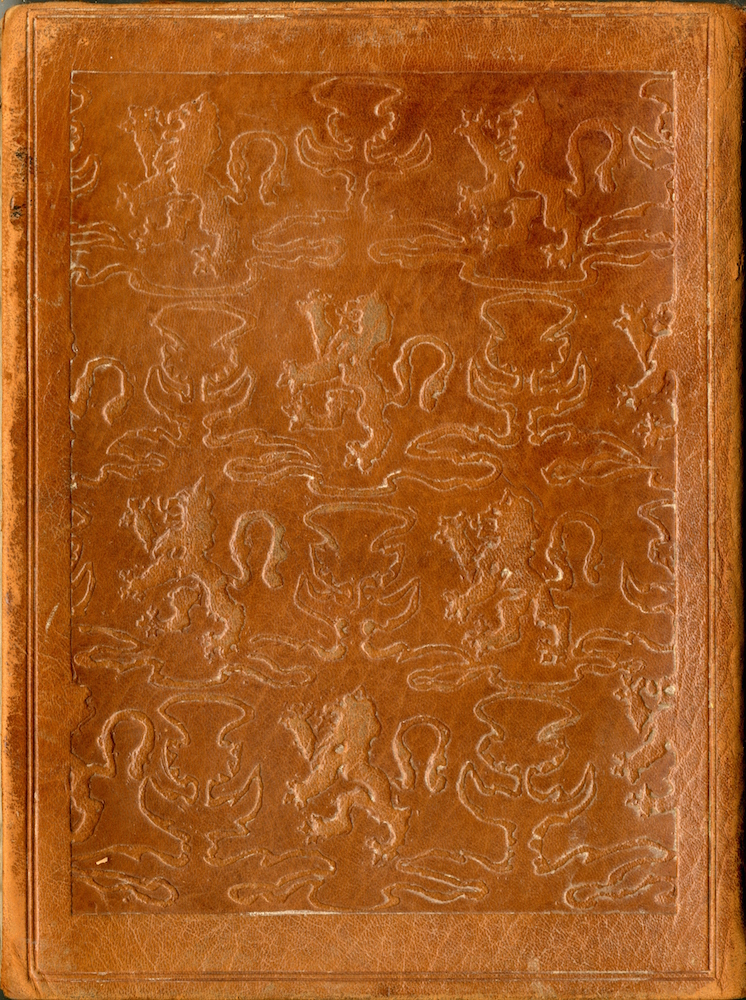 Brown leather extends from the front cover to the back cover. The entirety of the back cover is brown, with soft engravings of both a thistle, the national flower of Scotland, and a rampant lion, from the Royal Banner of Scotland. These icons are relatively similar in size and are displayed in a checkerboard pattern across majority the back cover. This pattern is outlined by an embossed frame of plain leather.