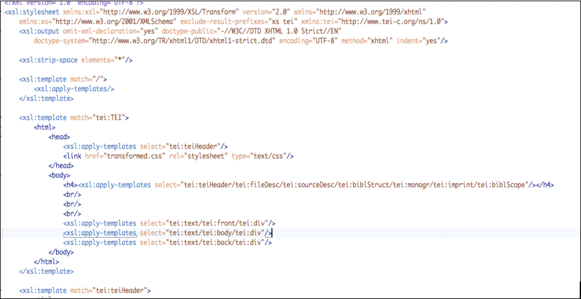 A screen shot of the xslt used to transform xml into html.