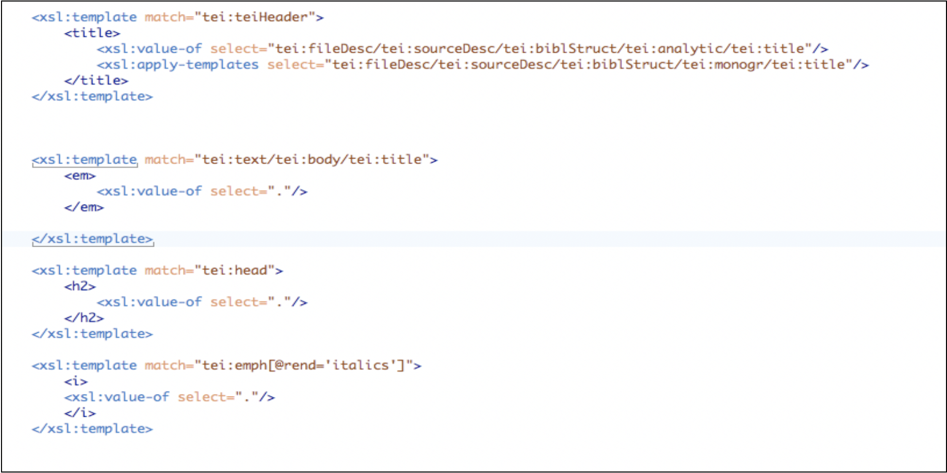 A Screen shot of the xslt used to transform xml into html.