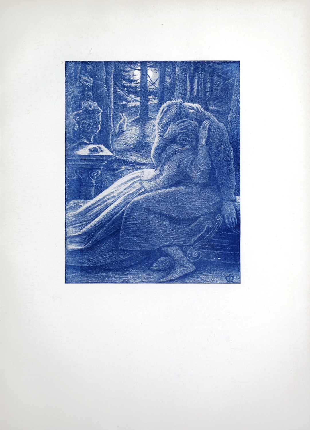 This blue half-tone image in portrait orientation reproduces a watercolour that Millais prepared to illustrate a poem by Samuel Taylor Coleridge for an illustrated edition called Poets of the Nineteenth Century (Dalziel, 1857). The image shows two lovers embracing on a moonlit terrace in front of a grove of fir trees. At left, a man sits on a stone bench with his face turned away from the viewer. He is in profile facing left. He wears a long robe. His left arm hangs at his side, holding a lyre or harp; his right hand holds his lover at the back of her head. The female figure is turned to the right with her back to the viewer; a long braid trails down her back. Her face is pressed into the male figure’s chest. Her left hand rests on his right shoulder. She is wearing a long dress and her legs are stretched out to the far left of the picture frame; she lies full-length on the ground and rests against her lover. At left, behind the woman, is a short, stylized pillar that seems to mark the edge of the patio or terrace where the lovers have met. Behind the pillar a bear is standing on its hind legs, reaching up a tree trunk. The bear gazes upward and only its head and front legs are visible to the viewer. The bear is oblivious to the lovers. The grove of trees in the background is lit with a full moon visible behind a central tree trunk. The moonlight shines on the forest ground revealing a rabbit or hare standing on the lawn. Shadows from the many trees stretch along the ground towards the viewer and the lovers in the foreground.