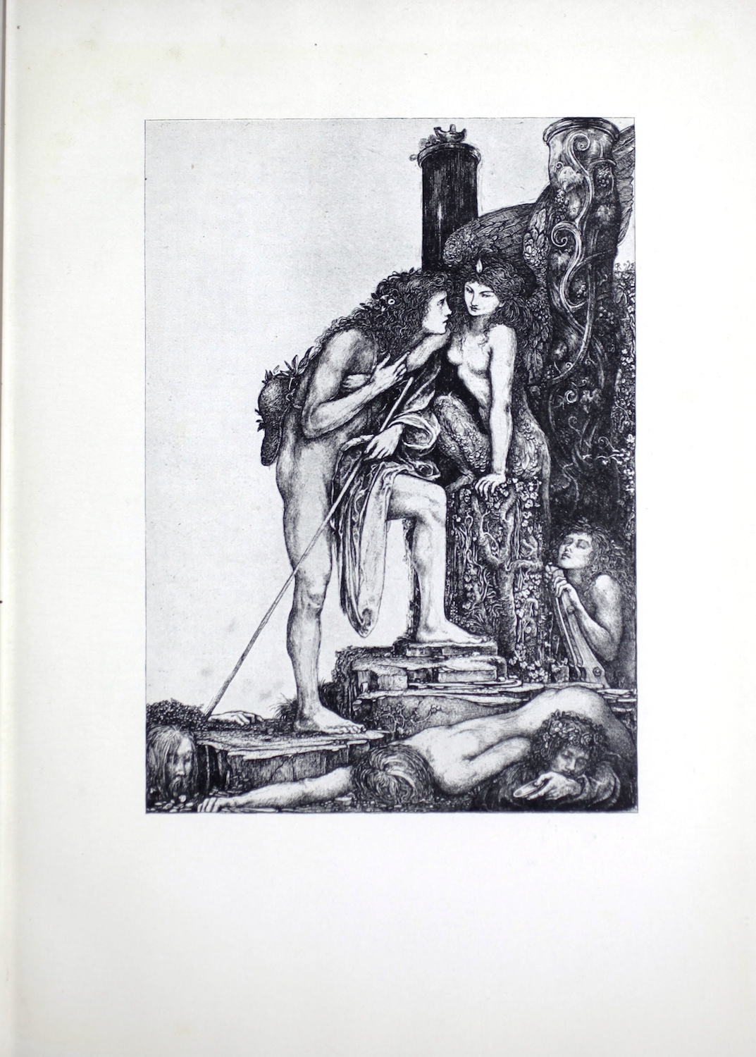 Ricketts’ reproduced pen drawing portrays the ancient Greek myth of Oedipus and the Sphinx. In the image, Oedipus is leaning in toward the Sphinx to answer her question. The dead bodies scattered on the ground suggest that other men have tried and failed her test. Oedipus stands naked, in three-quarter profile facing the right. He has long tangled hair and there are a couple of small flowers in the tangles. His right leg is straight, and his left leg is bent as he is on steps and bends forward to speak to the Sphinx. On his lap rests his unworn robe and his staff, loosely held up by his left hand. A hat hangs down his back from a string around his neck. Facing Oedipus is the Sphinx, which has a female human upper body and the lower body of a lion. She also has large wings on her back. She is in three-quarter profile facing left and sits on a pillar which looks like it is carved from a tree stump and covered in vines. Her eyes look down, suggesting that she is listening to Oedipus speak. She is surrounded by two large pillars with vines crawling up their length. The pillar furthest from the viewer has a small smoking lamp resting on the top. The top of the pillar closest to the viewer cannot be seen. Behind the Sphinx, a woman is emerging from underground, climbing a ladder. Her hair is loose, her eyes closed, and her left arm and hand are visible to the viewer. Her head is turned up to the sky. This woman may represent Jocasta, the widowed queen whom Oedipus marries and discovers later is his own mother. The background sky of the image is empty, drawing the viewers’ eyes to the ground where, around Oedipus’s feet, we see three dead bodies of men who failed the Sphinx’s test.