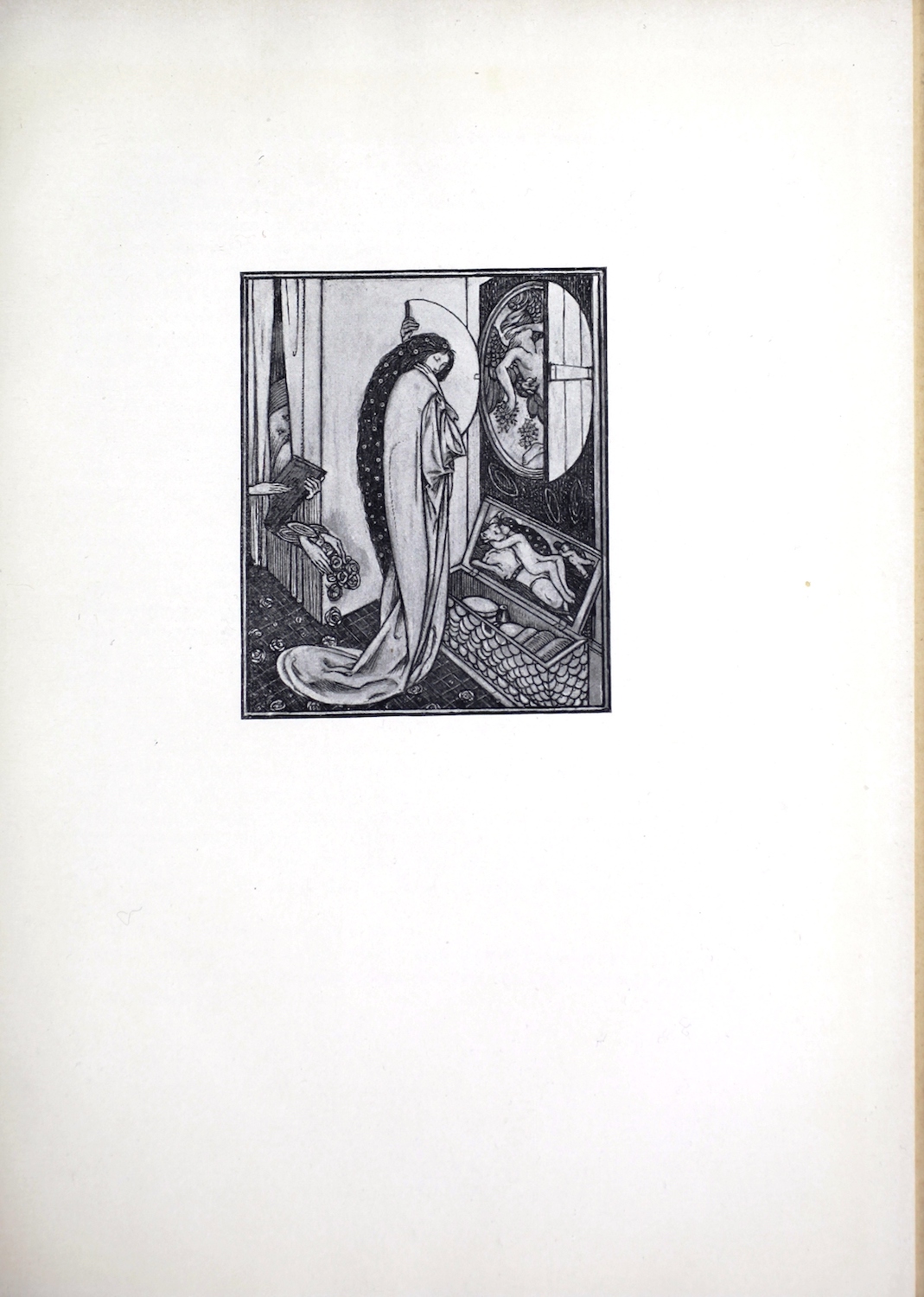 The small black-and-white image is centred on the page, framed by a double rule. The scene depicts a woman, the goddess Psyche, standing in a bedroom; behind her is a bedstead with hanging curtains, and in front of her is an open circular window, through which she can see a sleeping man carried by a flying eagle. She is clutching the window shutter with her eyes closed, and her head is tilted down, away from the image of the man. At Psyche’s feet is an open trunk, filled with small objects. The inside lid of the truck features the image of a nude woman lying on her back on top of a white bull, with Cupid flying above her bent knees. This may reference the myth of Europa being abducted by Zeus in the form of a bull. Psyche’s hair is long and has flowers in it. She wears a long robe the flows onto the tiled floor. Behind her two pairs of hands appear. One plays a small stringed instrument (possibly a lyre) and the other pours roses onto the floor by Psyche’s feet. Both pairs of hands emerge from behind the bed curtains.