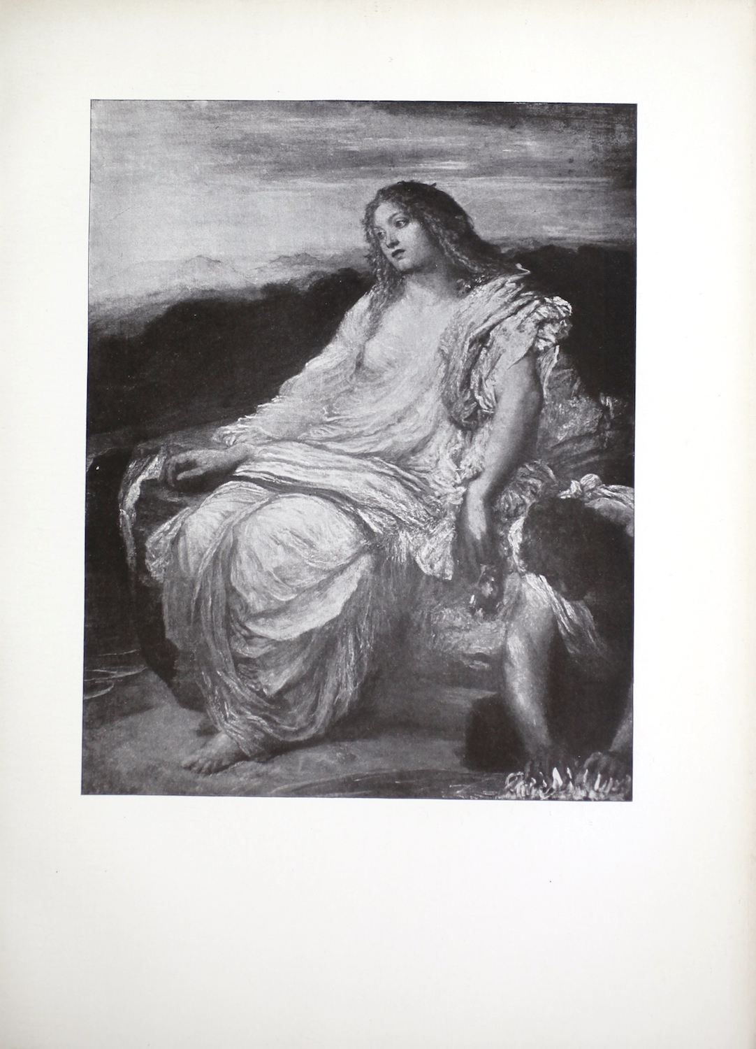 The halftone image depicts the mythological figure, Ariadne, looking out over the landscape that surrounds her. Ariadne sits in three-quarter profile facing left, on what appears to be a large rock. Her hair hangs loose, down to her shoulders. Her full-length dress is a series of loose robes that hang from her shoulders. Her left arm is exposed with the robe bundled up on her left shoulder. Her left hand hangs down by her side. Her right arm is covered by her robes and her right-hand rests on top of the rock. Her left foot is bare and exposed from underneath the hem of her robes. The ground appears to be a stone altar because it is smooth, and a male servant is depicted to left of Ariadne in the lower corner on his hands and knees scrubbing its surface. Only his upper body is visible. He gazes down and uses both hands to scrub the floor. Behind the two figures, a distant landscape is visible beneath Ariadne, suggesting that she is sitting on top of a mountain. Additional mountains are visible in the background rising to the height of Ariadne’s eyes. In front of the mountains, a dark tree line is visible rising to Ariadne’s shoulders. Above the trees and mountains, a cloudy sky is depicted.