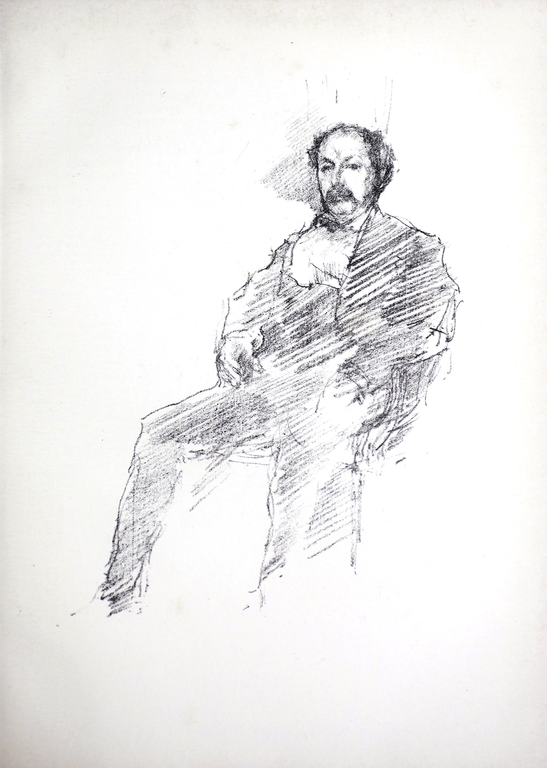The unframed image, which features a man sitting on a chair and looking forward, has no background detail. The man is positioned off centre, with his back on the right side of the image and his feet pointing to the left. The man is wearing a suit, but the details are intentionally vague, sketched roughly by the artist. His right hand is visible on his lap, but the fingers on his left hand are not drawn, and his legs are likewise left unfinished, without feet. The man has a mustache, thick hair on the sides of his head and thinning hair on the crown. No setting is provided. The title indicates that the portrait is of the artist’s brother, Dr. William McNeil Whistler (1836-1900).