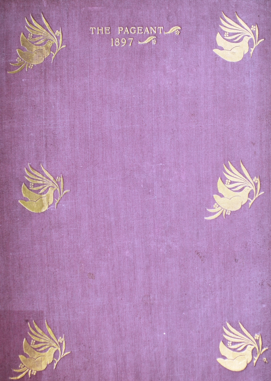 Front cover of the Pageant Volume 2 from 1896 made with purple cloth with birds carrying a branch stamped in gold