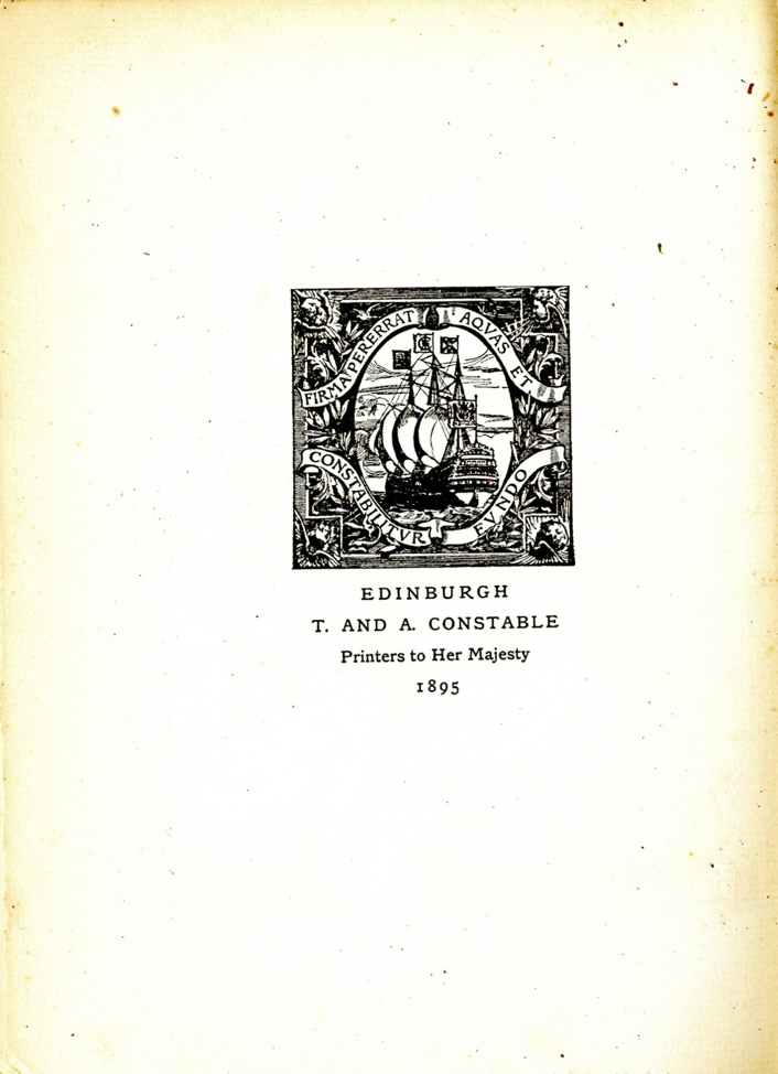 A Scan of T. & A. Constable's printer's colophon from the first volume of The Evergreen.