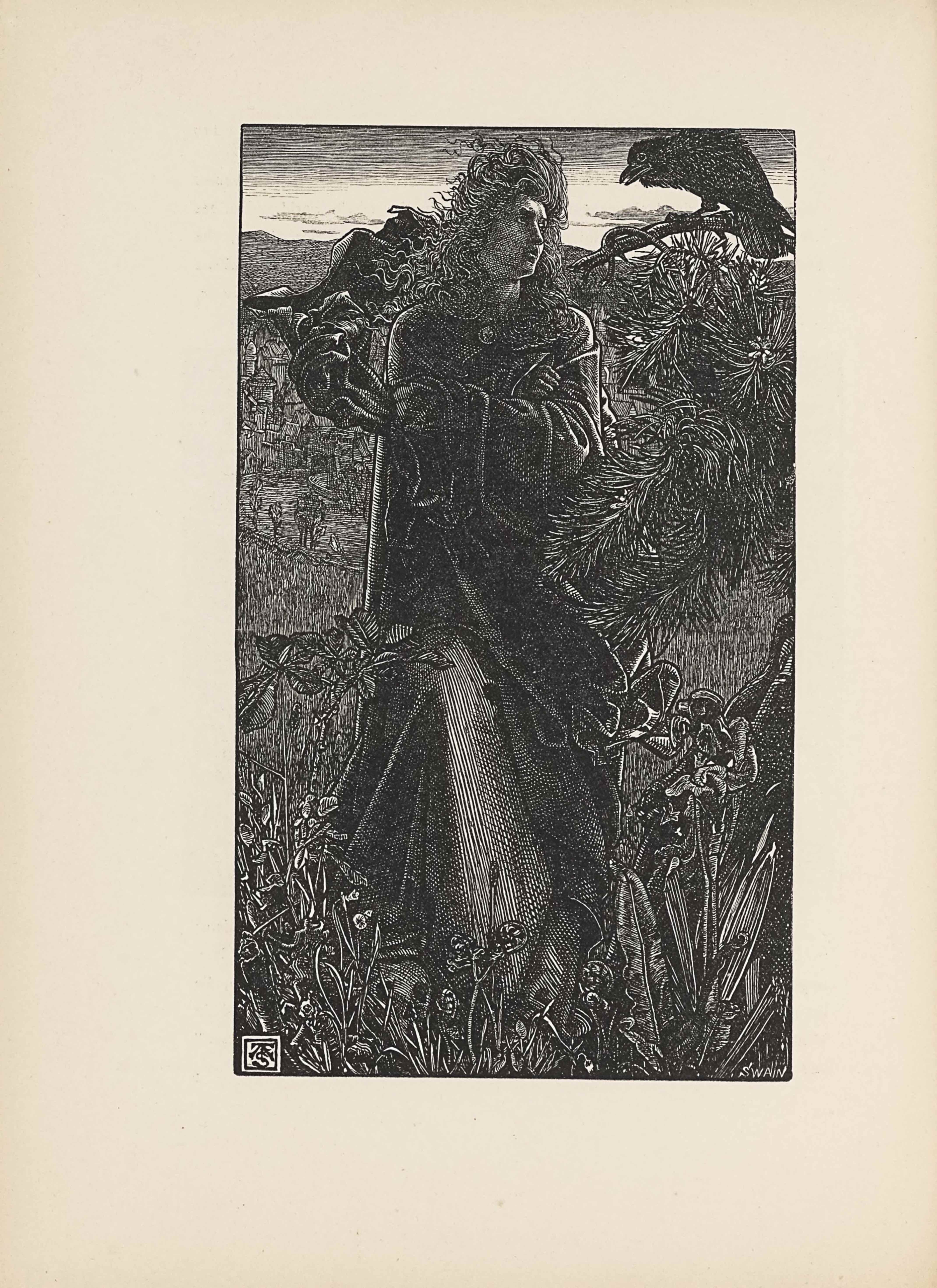 This line-block reproduction of a wood-engraved image is in portrait orientation. A man stands tall in the middle of the image on top of a hill, holding onto a scarf billowing in the strong wind and looking at a crow sitting on a branch. The man spans from the base to the top of the page in height and takes up about half of the width. In the foreground are various plants and twigs springing up and covering his feet. One plant rises up taller than the others on the left, reaching about his waist in height. The man is centered in the page. He is wearing a baggy coat that reaches the ground but is split slightly at the waist to reveal a sliver of her long, lighter-coloured robe. The coat has baggy sleeves that hang far below his left arm, which is positioned up horizontally across his body. He is holding onto a scarf that billows behind him on the left side of the page. His right arm is crossed underneath his left. The coat he wears is tied together at the neck with a single button. His hair is wavy and blown back from his face in a sort of mane from the wind. His face is turned towards the right of the page and tilted slightly up, showing a three-quarters profile. He looks at a crow that sits slightly above eye-level on a branch extending out from the top right corner of the page. The crow is bigger than the man’s head and looks back at him, leaning forward on the branch. The branches of an evergreen tree with pine needles stick out below the bare branch upon which the crow sits. In the background of the man and the crow is a faintly outlined city made up of many little houses, which seem to be at the bottom of the hill they are on. Behind the city is a skyline with a few clouds and a dark upper edge. In the bottom left corner a small logo appears in a doubly-lined square that has the letters “F” “A” and “S” scripted over top of each other; this is the monogram signature of the artist, Frederick Augustus Sandys. In the bottom right corner the word “SWAIN” [caps] appears in a light colour contrasted with the dark ferns behind it; this is the signature of the wood engraver.
