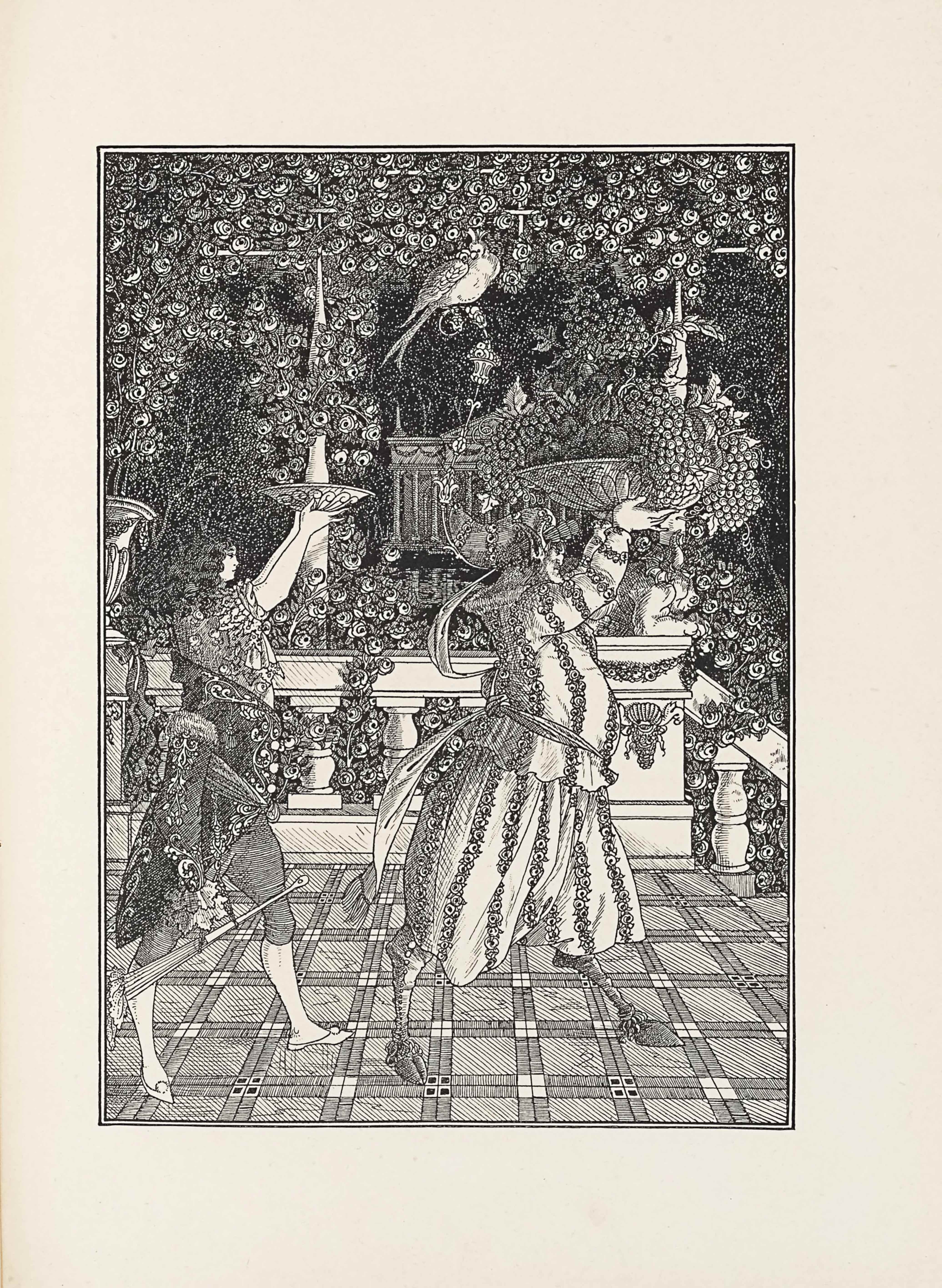 This line-block reproduction of a pen-and-ink drawing is in portrait orientation. It shows two figures walking on a balcony outdoors towards the right side of the page and holding bowls above their heads. In the foreground the two figures stand and reach the halfway point of the page in height. The figure on the left is a woman, turned to face the right, showing only the profile of her face and body. She is wearing slippers with a fabric ball on the toe. She has on short pants striped horizontally which stop just below her knee. She is also wearing a short sleeve shirt and the sleeves are capped off at the edge with braided fabric. There is a decorative floral design on her top of flower bulbs floating around. At her waist is a shawl made of darker fabric than the rest of her outfit. The shawl has a vine traversing it with embroidered flowers blooming from it. She has a fabric belt that secures the shawl at her hips. From this belt, a chain hangs down and holds a long fan dangling horizontally in the air. Her hair falls down to her mid-back in dark waves. Her arms are raised above and in front of her in about a ninety degree angle. In her upturned hands is a shallow wave-patterned bowl. To the right of the woman is a figure with a male face and hooves who is similarly turned to the right and visible in profile. He has horse hooves and horse legs emerging from the bottom of his baggy pants. The pants and his long sleeve shirt are identically patterned with vertical lines of flower garlands. A sash of material is tied around his waist and knotted at his back. He has long and pointy elf-like ears that arch backwards. His nose is downturned and stubby. He has on a pointed bonnet with the similar flower garland pattern to his clothing. From the back of his head a long curved stick points out and upwards. On this stick there are several ornaments that look like flowers stacked one upon the other. Atop the stick a quail is perched. The quail looks down towards the woman. The man’s arms are also at about a ninety degree upwards angle, and he too holds a bowl. His bowl is double the size of the woman’s. It holds huge bunches of fruits such as grapes and berries. A squash is visible in the bowl too. Leaves and vines are mixed into the bowl with the fruits. The woman and male creature are both walking on a large deck surface that is tiled in a checker pattern, with borders around each box. The deck has a stone railing made of two long horizontal slabs with thick stone spindles between them. Towards the left edge of the page the stone railing has a large urn resting on it, but only half in the frame. There is a decorative stone piece on the front of the pillar at the right end of the railing, just to the right of the male figure. It is an insect-like creature with wings and legs. Above the insect stone work, on the top edge of the railing, a beast is shown laying down onto its front paws. The creature is horned and in profile facing the same way as the two figures. The last pillar, which is below the creature, marks off the end of the deck and the transition into stairs leading down. The railing continues downwards at a diagonal to the right edge of the page. Behind the deck and railing is a garden area. A tall garden arbor stands behind the rail and many vines with flowers grow up and around it. Behind the arbor in the background is a small pond and further backgrounded still is a large columned building with a pointed roof. A dark forest surrounds the building in the background.