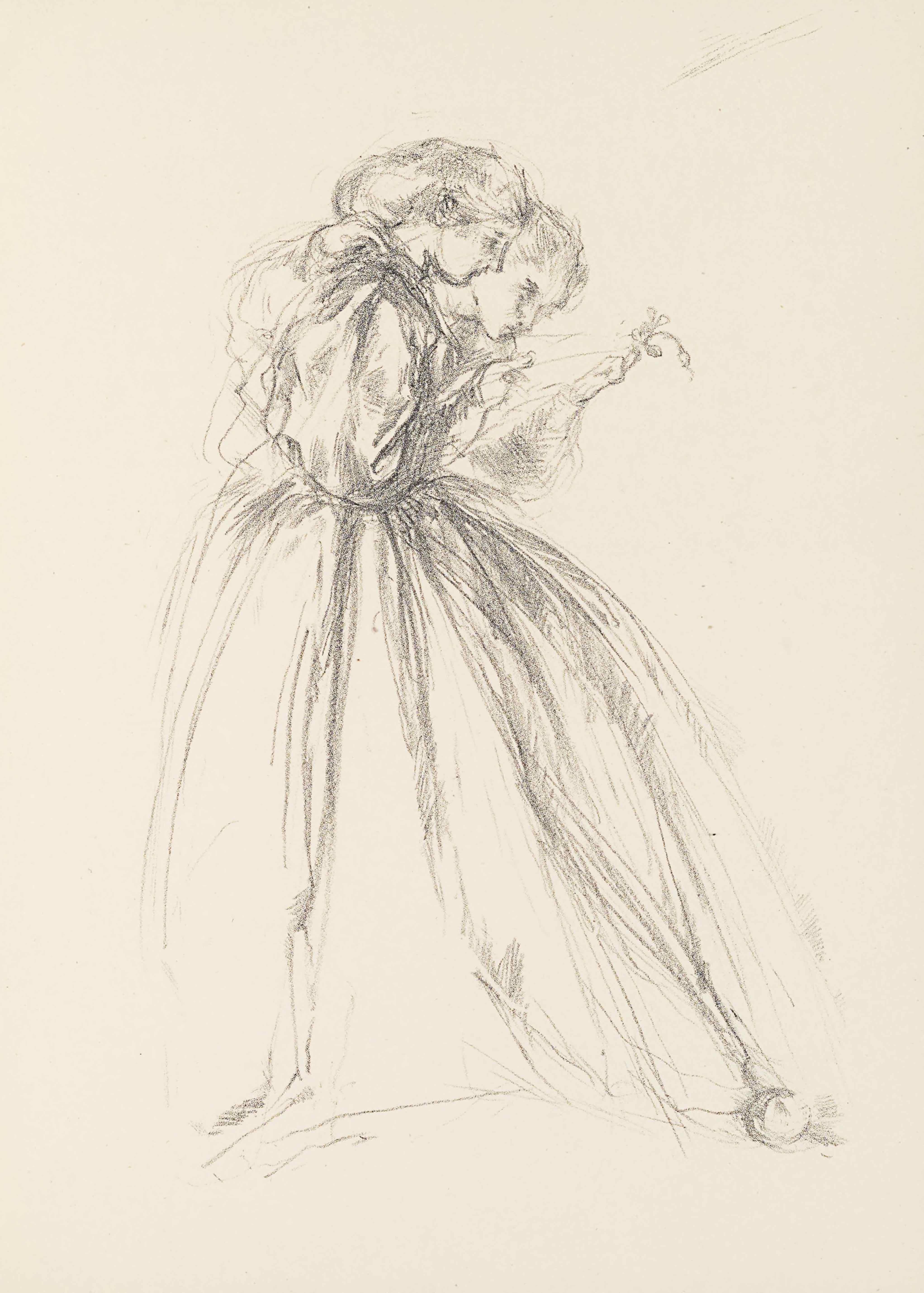 A portrait-oriented lithograph of two full-length female figures leaning forward in profile, apparently examining a piece of paper. With sketch-like strokes the women are centered in the page and face to the right with only their side facial profiles visible. The woman in the foreground is dressed in a large long-sleeve gown that has a full skirt taking up a large portion of the bottom half of the page. Her hair is pulled back in a sort of low ponytail or bun. The woman behind is only visible by her head and outstretched arm. Her gaze is focused downwards, with her head at a more severe tilt than the woman in the foreground. They both look down at the hand of the woman in the background, which appears to be holding a piece of paper and a small plant. The woman in front points towards the object with her right hand.