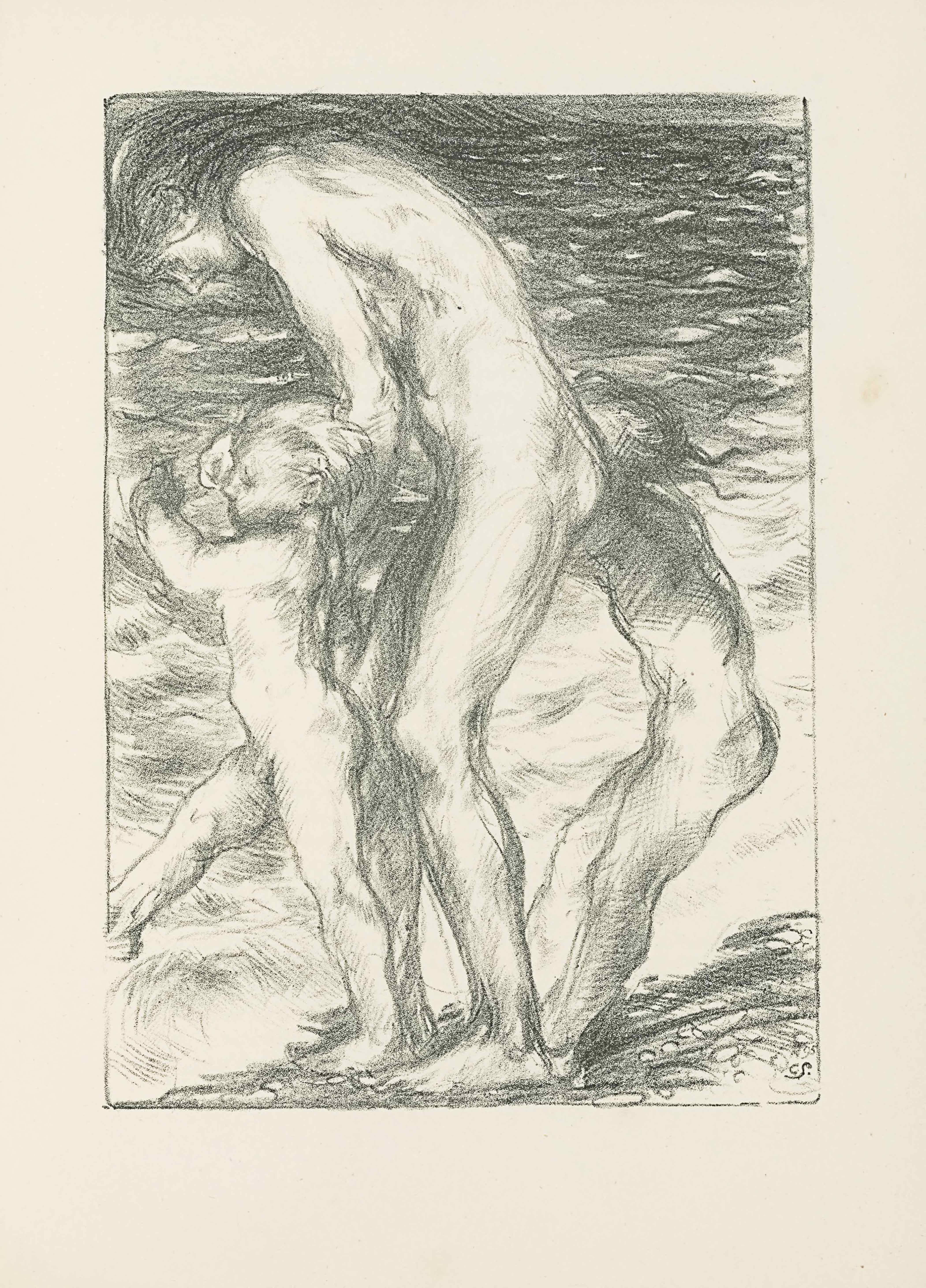 This lithograph is in portrait orientation. The image shows three figures standing naked in profile on the shore of an ocean. The image is bordered by a single line. In the bottom right corner the artist’s initials are lightly scrawled: “CS.” [caps]. The central person in the centre is an adult female, standing at almost double the height of the two child figures in front and behind of her body and on either side of her. The beach that they stand on takes up a very small portion of the page, cutting diagonally up to the right and only taking up about a tenth of the page as a whole. A few small rocks and stones appear in the sand. The white wave caps from the ocean are touching the figures’ toes. The wavy water takes up the entirety of the background, all the way to the top edge of the page with only a slight glimpse of skyline beyond the water in the top right corner. The female figure is drawn hunched forward with her arms extended down and out. Her left arm is holding the boy’s arm in front of her and her right arm is covered by her body but seems to be holding the hand of the child behind and to the right of her. She has a muscular form and long dark hair. Her head is positioned to look straight down at the boy in front of her. The boy in front of her, on the left side of the page, is light-haired and mid-step. His left leg is planted in the sand while his right is extended straight out and forward His left arm is swinging up and bent at the elbow. His right arm is out of view and he looks to be holding hands with the woman. The child behind the woman and to the right is visible only by their body and the back of their head: their face is covered by the woman’s body. The child is holding onto the woman’s right arm and leaning backwards, bent at the waist with feet planted in front of them. Long hair falls down the child’s back to the waist. The hair seems to be wet.
