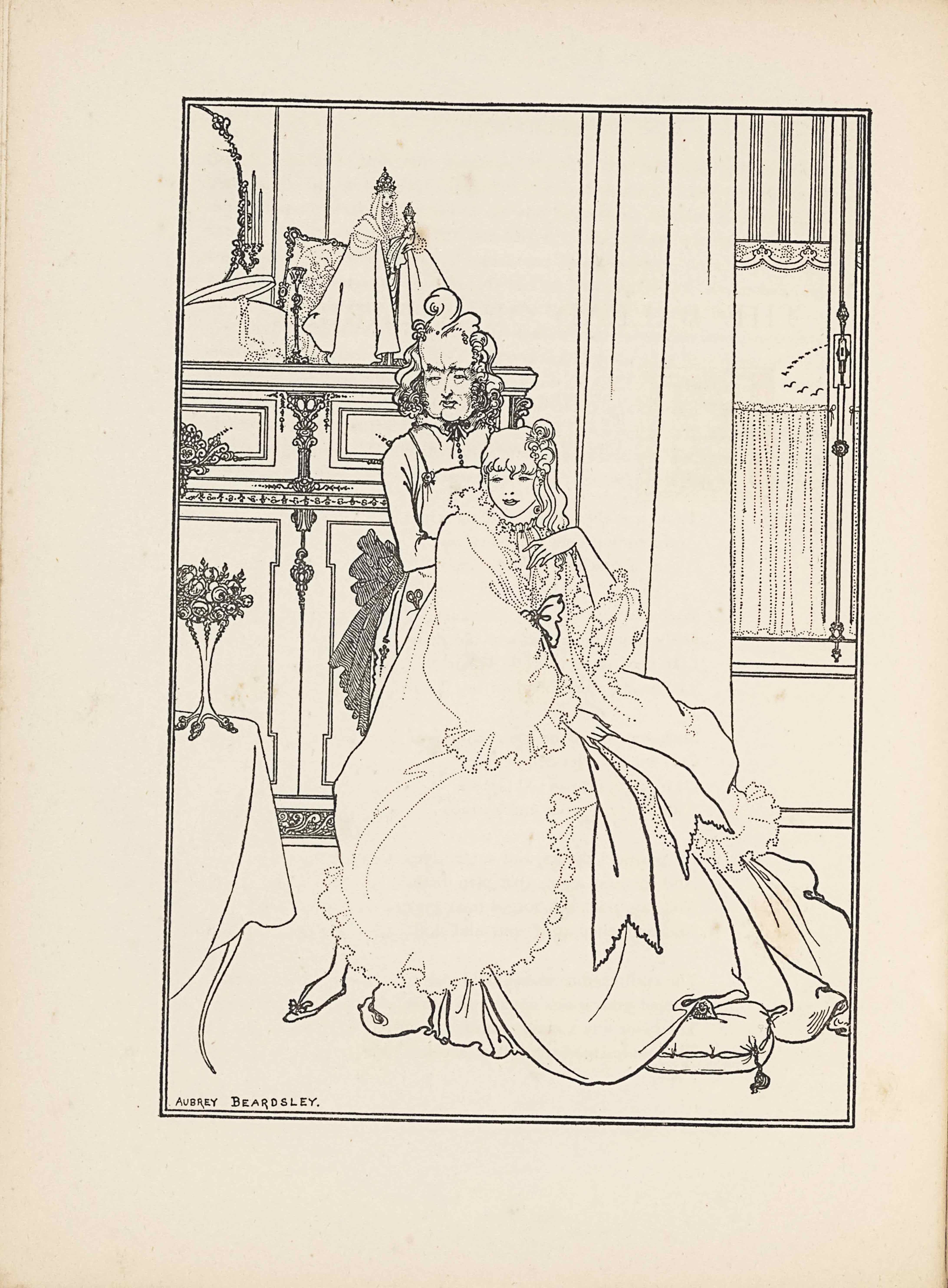 This line-block reproduction of Beardsley’s pen-and-ink drawing is in portrait orientation, facing the poem by Bardsley it illustrates, “The Ballad of a Barber,” on p. 91. The image shows a seated woman or girl (“The Princess”) facing the viewer, with a male figure (the barber) standing behind her. They are shown inside a dressing room, with a small religious figurine standing on the fireplace mantel behind them. In the foreground and to the left is the edge of a table. The table has one plain curved leg sticking out from underneath a white tablecloth that falls nearly to the ground. On top of the table is a small three-footed vase containing a bouquet of small roses and leaves. To the right of the table in the foreground is the woman sitting on a chair, turned to face slightly to the right, but with her directly to the viewer. She is wearing a large ruffled dressing gown; one big bow tied at her chest has long ribbons extending down to her knees. Her feet rest on a tasseled pillow on the floor. Her right hand rests on her lap while her left hand is lifted to her chin. Her mouth is slightly opened and her eyes look to the left side of the page. She has mid-length wavy hair with a little hairpiece on the left side of the top of her head. The headpiece is a small clip of swirled material. Behind her and to the left on the page is a standing male figure, the barber. His right foot sticks out to the left of the woman’s skirt, wearing a small slipper with a bow at the toe. He is wearing an apron with a pocket containing a pair of scissors. He has a button-up shirt with a black bow-tie underneath the apron, which is tied with a large dark coloured bow. The barber also has a slightly opened mouth and a crease between his brows. His hair is elaborately coiffed with a pompadour and waves at the side. Behind and to the left in the background is a fireplace mantel that is ornamented with swirling lines. On top of the mantle is a half visible oval shaped mirror with a slightly ornamented edge. In front and to the right of the mirror is a hat box that has its lid slightly off-kilter and a string of pearls hanging out off the edge. To the right of the box on the mantle is a candlestick holder. There is a little picture frame balanced on its bottom right corner and leaned against the wall. In front of that frame is a small female figurine standing on the mantle. She is wearing a robe or cape that falls widely around her. She has light and straight short hair and is wearing a crown. She has her left arm extended out in front of her holding a baby [this could be a religious statuette of the Madonna and Child]. The baby’s body appears in profile facing to the left side of the page, but the baby’s head is turned to face the viewer. The baby has on a long gown and also is wearing a crown. To the right of the mantle is a plain and light coloured curtain hanging down the side of a small window. The window and its surrounding draperies start just above the floor edge and extend past the picture frame. The window has a delineation in the middle of wood framing with an ornamented stick and a small box in the centre. The window has a frilly half-curtain covering the bottom half and an ornamental blind on the top, with a fringed valance. In the small bit of visible window there is a trail of birds flying in a curved line in the distance. In the bottom left corner is the artist’s signature:: “AUBREY BEARDSLEY.” [caps]. The image is framed by a double-lined edge.