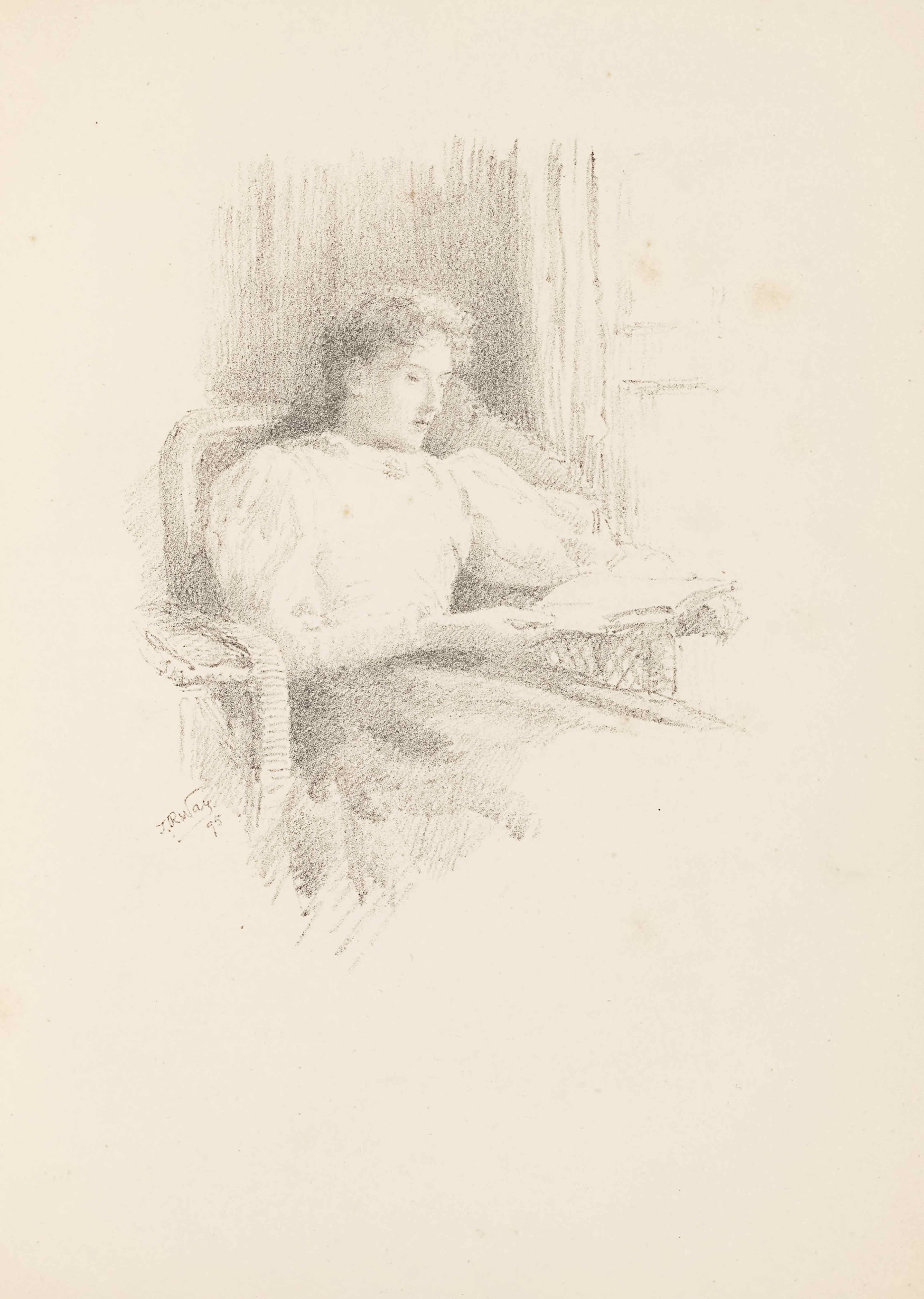 The unbordered lithograph by T R Way is in portrait orientation. The image shows the torso of a woman sitting in a wicker chair reading a book. The image is sketched lightly and the woman’s legs and surrounding area are not visible. The woman is turned to face slightly to the right, where there is the suggestion of a window. The woman’s body is leaned back into the chair. She is wearing a dark skirt and a plain white shirt with long and puffy sleeves that tighten around the forearm. The shirt has a high neckline. Her face is tilted down to look at the book which rests upon the left chair arm. Her right arm reaches across her body to support the book and her left arm is extended out below the book holding that side of it up. Her hair is wavy and tied back at the nape of her neck. Her eyes are hardly visible because her eyelids are mostly closed. Behind where she sits in the chair is a section of black shading to indicate a wall in the room. There are light outlines of a paned window in the background and top right of the page. The artist’s signature appears just to the left of the chair seat: “T. R. Way.” and in the below is the date: “95.”