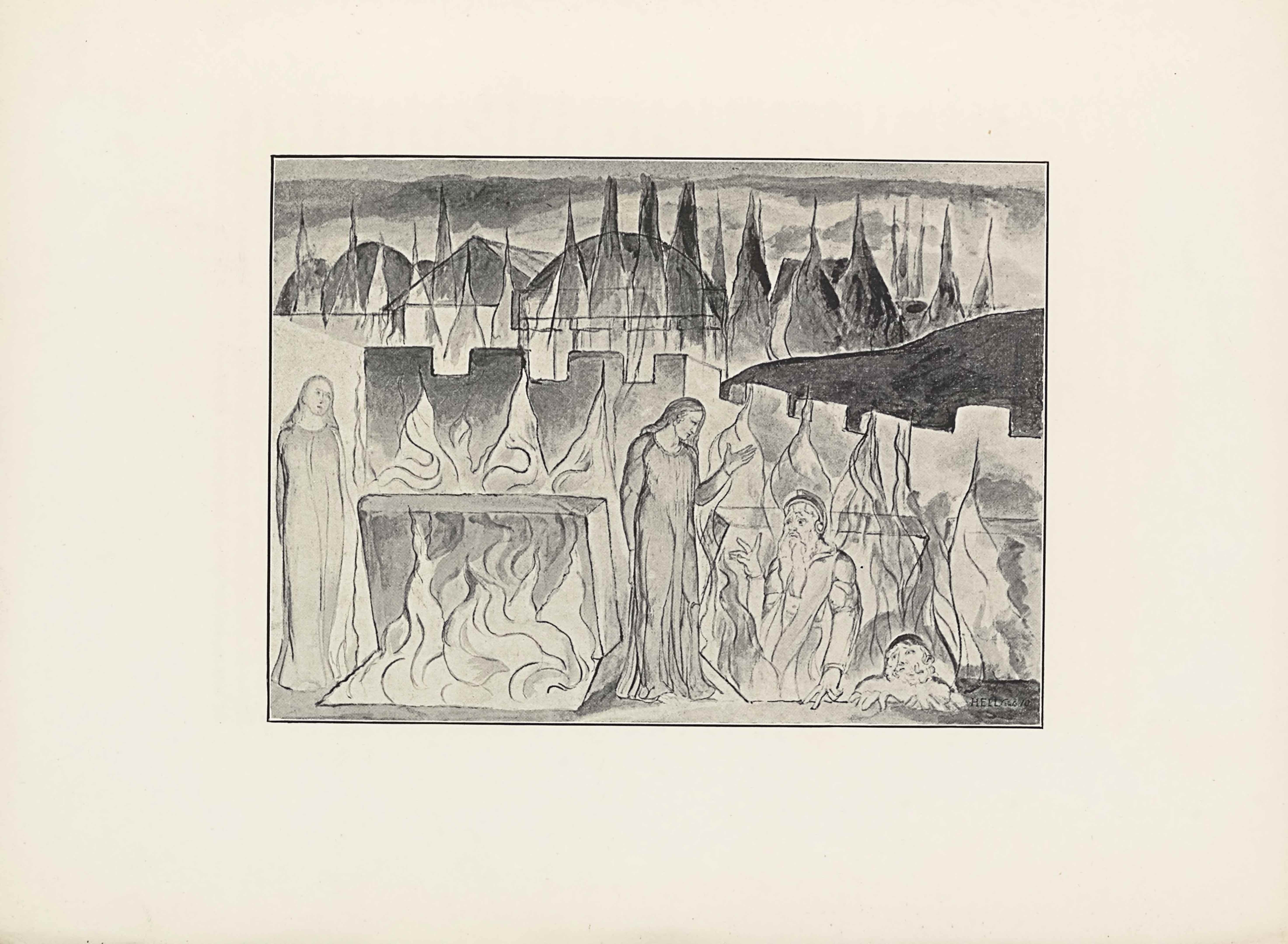 This halftone reproduction of a water-colour drawing by Blake for Dante’s                  Inferno is in landscape orientation. The image shows a scene of a burning                  mausoleum with four figures in the foreground in the circle of Hell reserved for                  heretics. Dante stands on the far left of the foreground facing the viewer, but                  with his head turned to face to the figures emerging from the flames. He is                  wearing a plain long and loose robe. To his right is a slab tilted up to reveal an                  opening in the surface that he is standing on. The opening has flames rising out.                  Just behind the slab is a series of three more flames. To the right of the opening                  is another standing, robed figure, possibly Farinata rising out of the tomb. His                  body is facing the viewer, but turned slightly to the right. His left hand is open                  and raised out in front with his elbow bent at a ninety degree angle. He has his                  right arm tucked just behind his back. his head is tilted down to look at the man                  below to the right, who is emerging out of a second fiery pit. Only his upper body                  is visible. He is turned towards the left and iis wearing a partially visible                  armoured shirt, with flames licking the front. He has on a helmet too. His left                  hand in resting on the ground and his right hand is raised towards the man                  standing to his direct left, with the middle and pointer fingers extended separate                  from each other and the rest of the fingers. He has a long white beard and tufts                  of white hair on his head protrude out from the front of his helmet. To the right                  of this man is another man who is deeper in the same pit, only showing his                  shoulders and head. He is facing the viewer, but his head is turned towards the                  figures to his left. His hands are gripped onto the edge of the surface. He has a                  white beard and white hair. His eyes are wide and his mouth is downturned. Behind                  these four figures is a castle wall with rectangular merlon and embrasure rise and                  falls along the top edge. The wall is parallel to the bottom edge of the image                  from the left side until about the centre and then starts to recede back angled up                  to the right. Behind the castle wall on the right side of the background is a dark                  hill. In the very background, essentially the top quarter of the page, is a                  skyline of a town. There are about six building roofs along the horizon that are                  visible. In front of the building roofs is a line of flames. Behind that part of                  the scene is a cloud, dark sky. In the bottom right corner there is the text:                  “HELL [caps] Canto 10”. The image is surrounded by a single black line                  border.